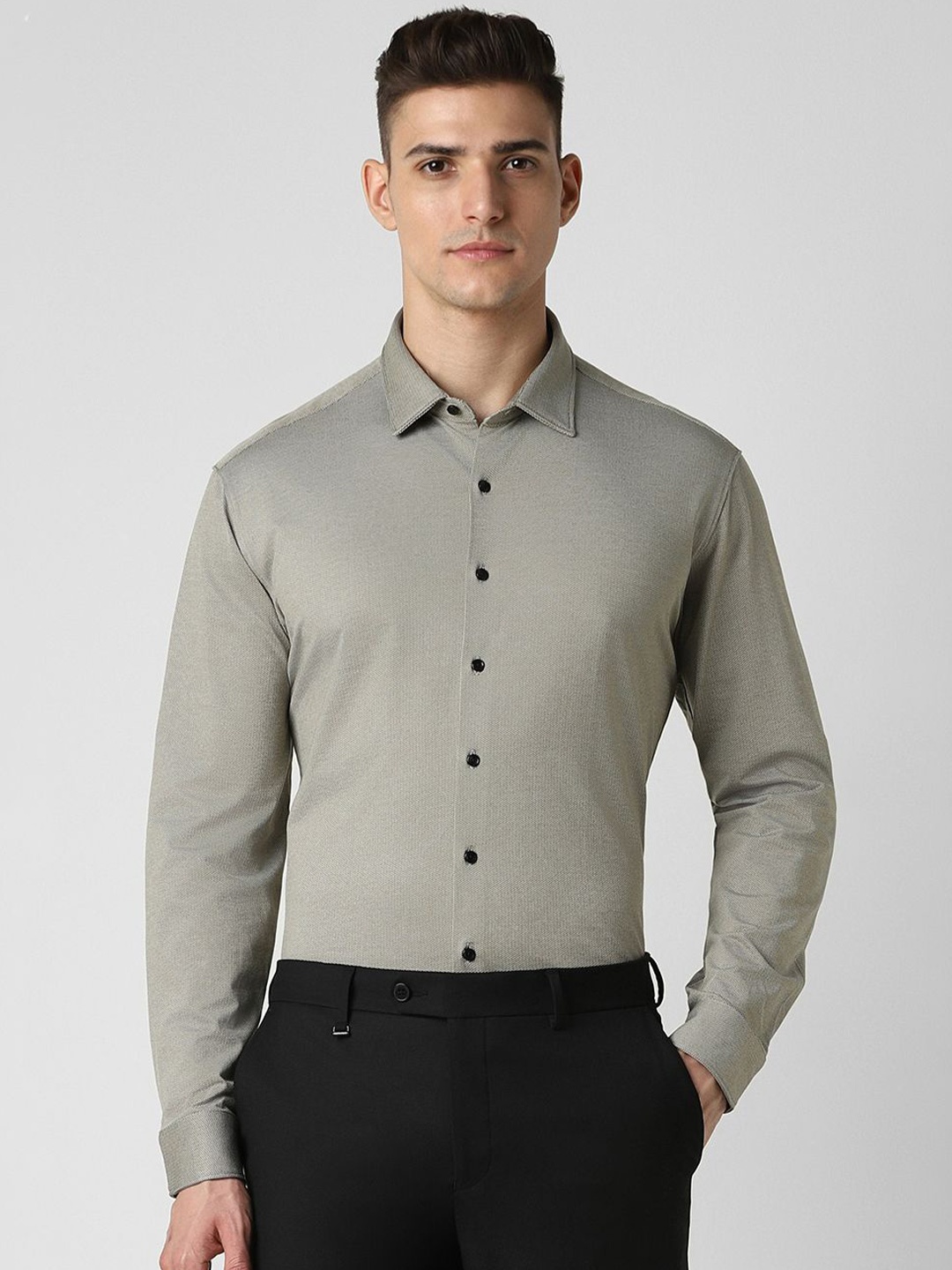

Van Heusen Men Slim Fit Spread Collar Textured Pure Cotton Shirt, Grey