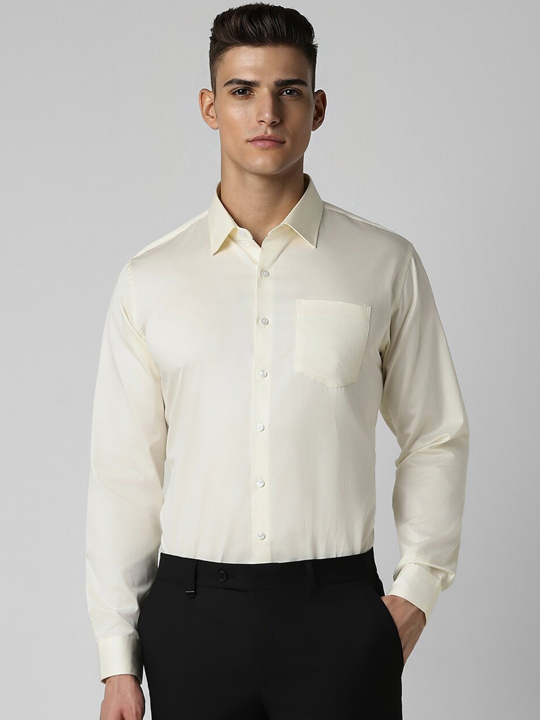 

Van Heusen Men Slim Fit Spread Collar Solid Pure Cotton Shirt, Cream