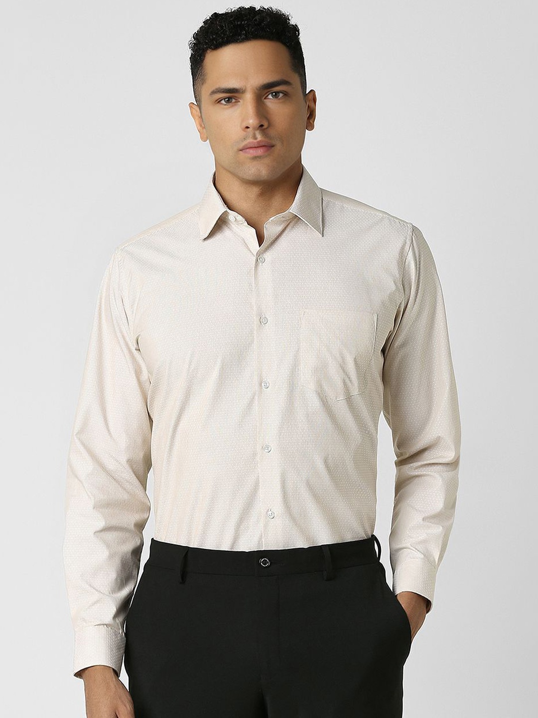 

Van Heusen Men Self Design Spread Collar Party Shirt, Beige