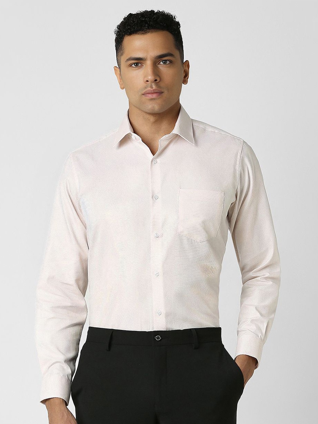 

Van Heusen Men Textured Spread Collar Pure Cotton Party Shirt, Cream