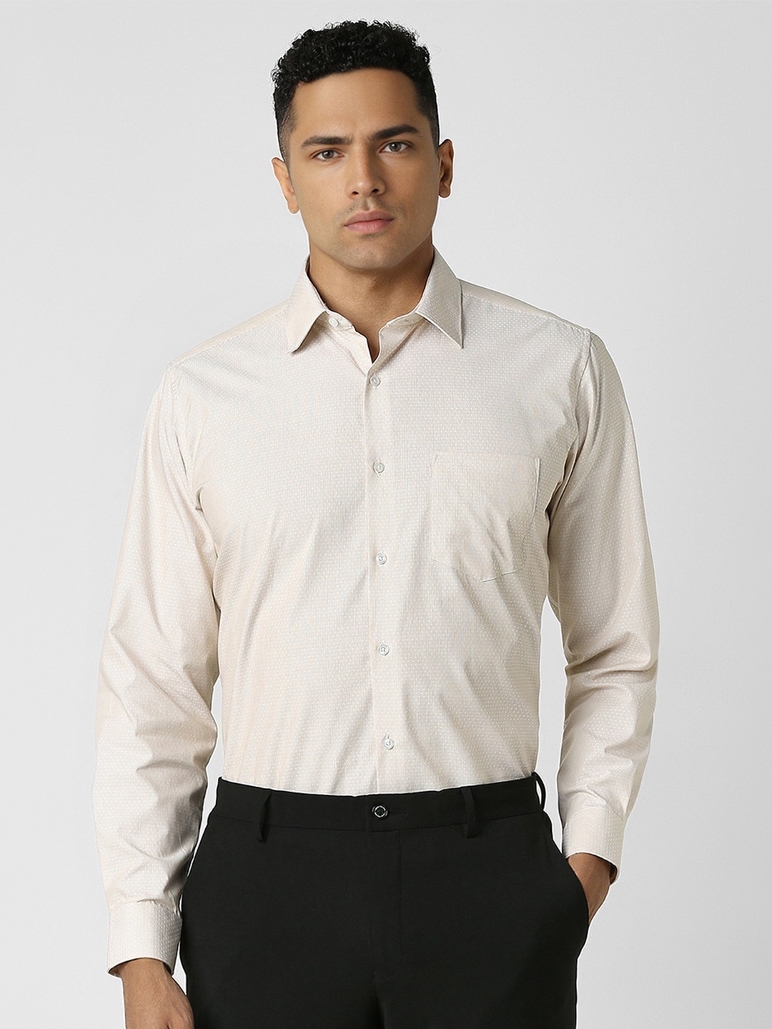 

Van Heusen Men Self Design Spread Collar Party Shirt, Beige