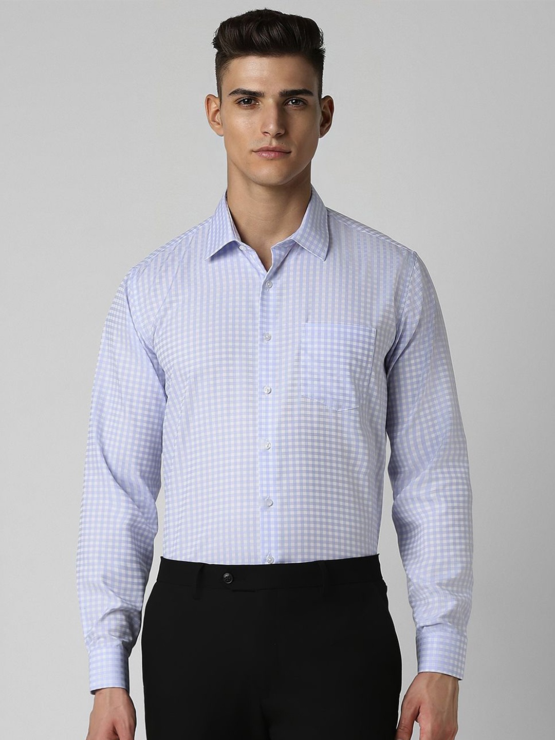 

Van Heusen Men Slim Fit Pure Cotton Gingham Checks Pure Cotton Formal Shirt, Blue