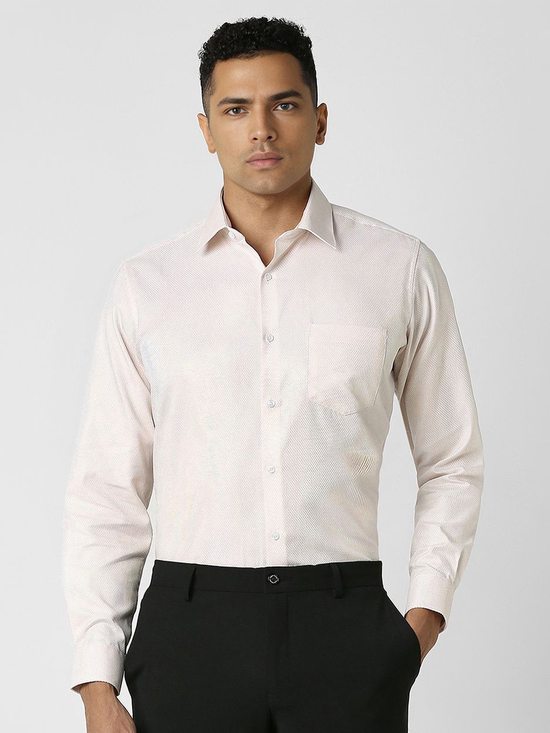 

Van Heusen Men Self Design Spread Collar Party Shirt, Cream