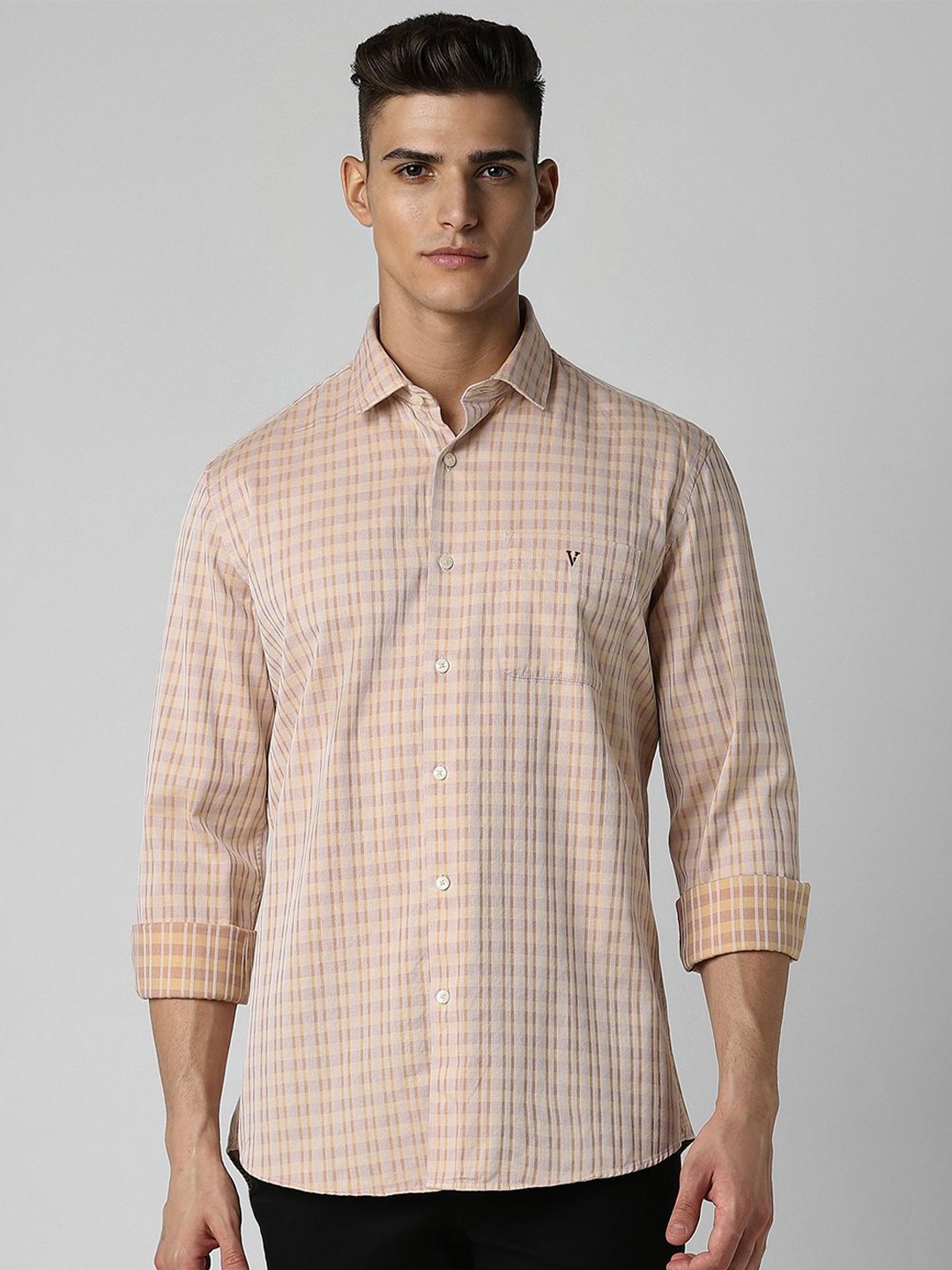 

Van Heusen Sport Men Spread Collar Slim Fit Checked Casual Shirt, Beige