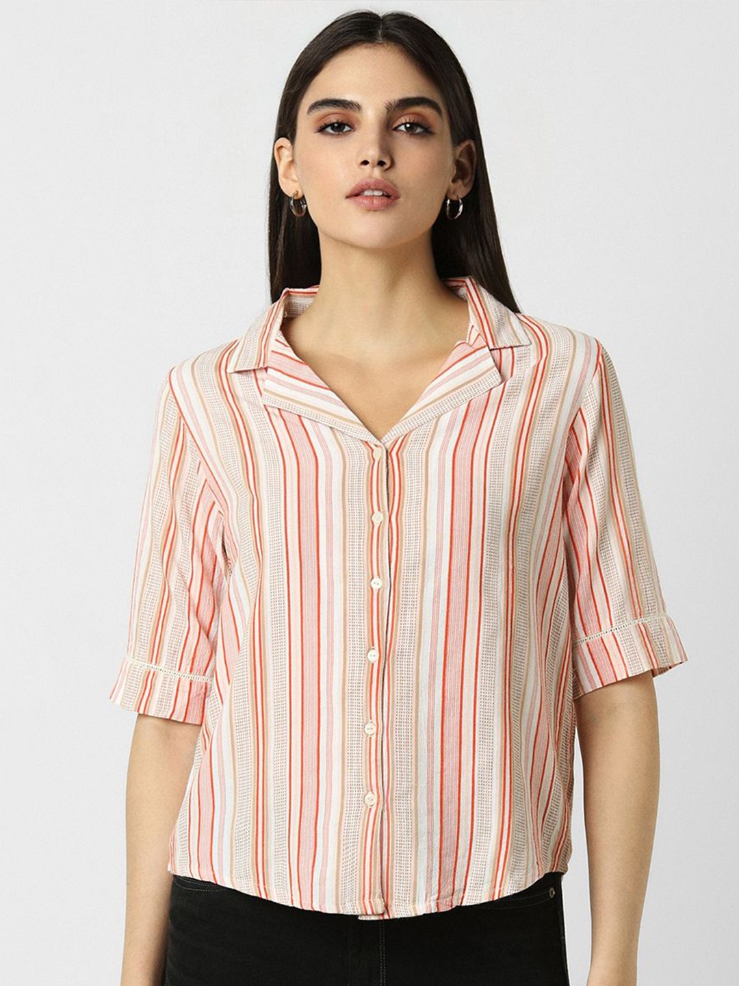 

Van Heusen Woman Cuban Collar Striped Casual Shirt, Beige
