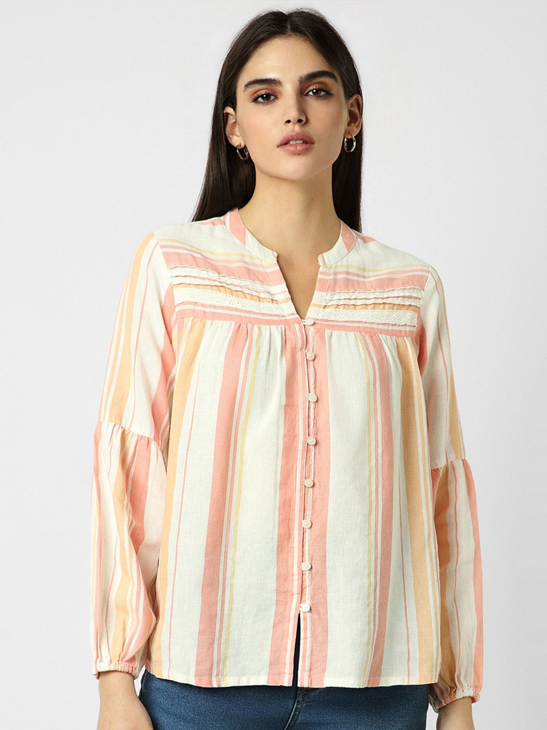 

Van Heusen Woman Mandarin Collar Striped Casual Shirt, Cream