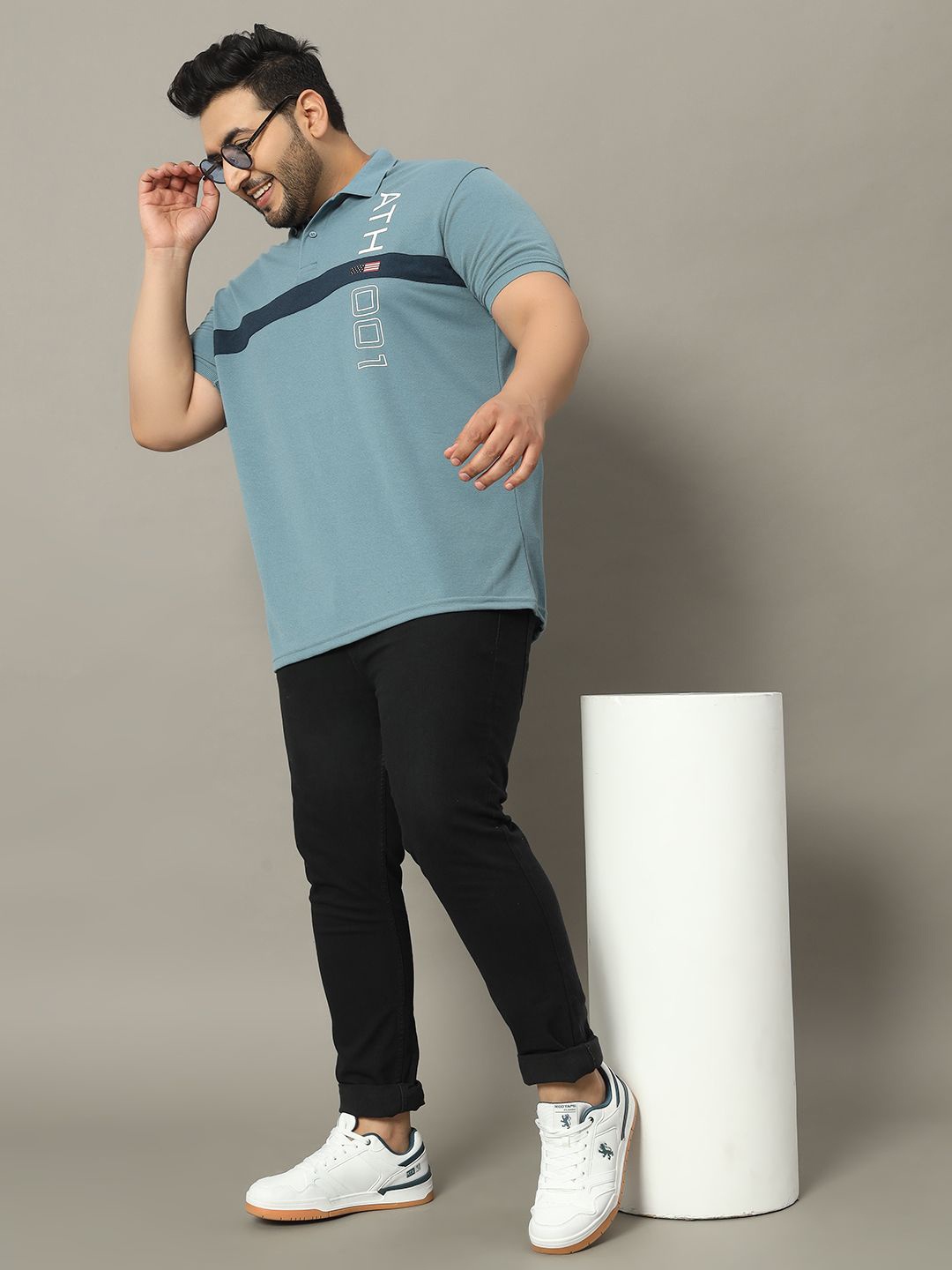 

OGEN Men Plus Size Typography Printed Polo Collar T-shirt, Blue