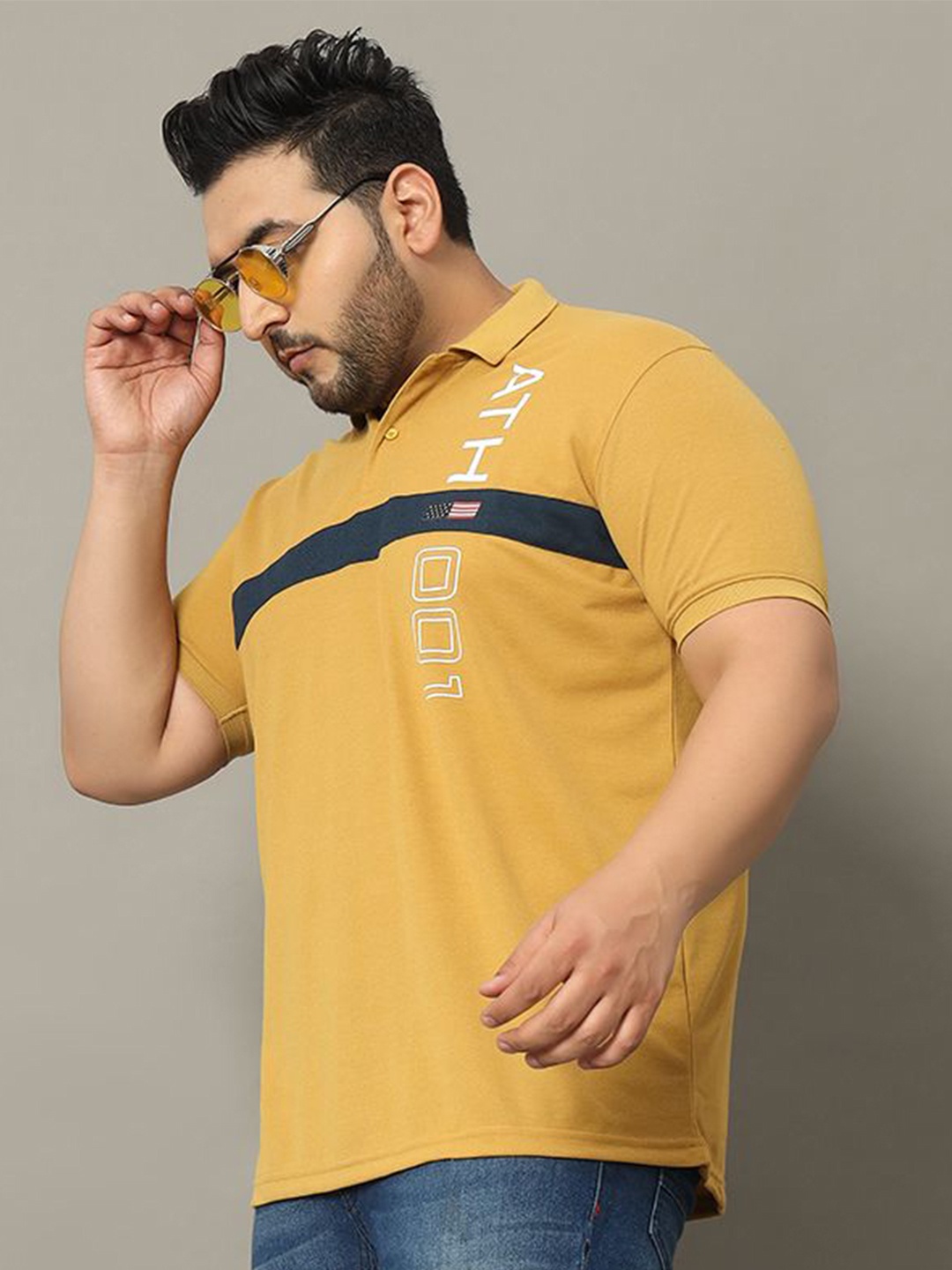 

OGEN Men Plus Size Typography Printed Polo Collar T-shirt, Mustard