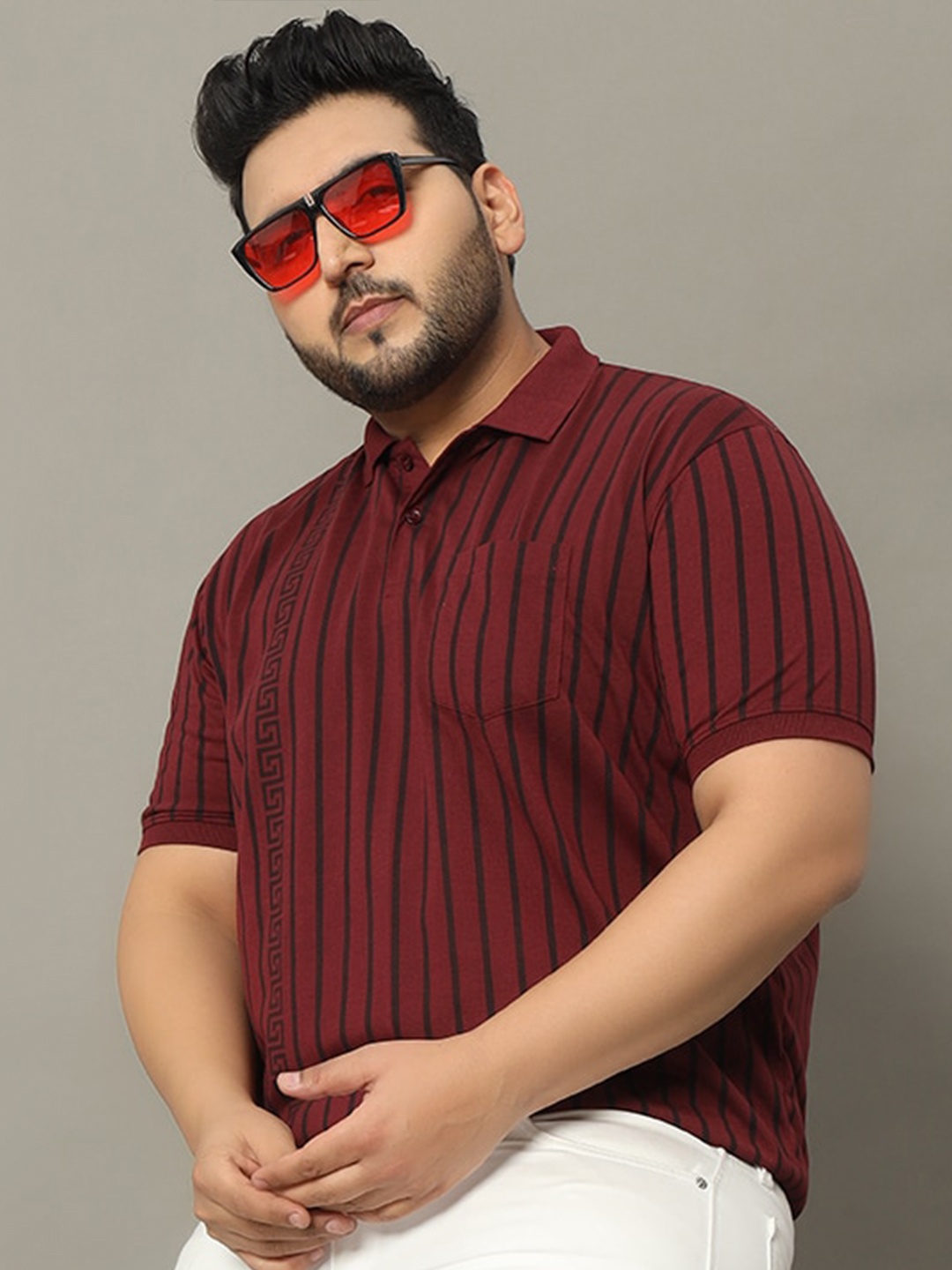 

OGEN Men Striped Polo Collar Plus Size Pockets T-shirt, Burgundy