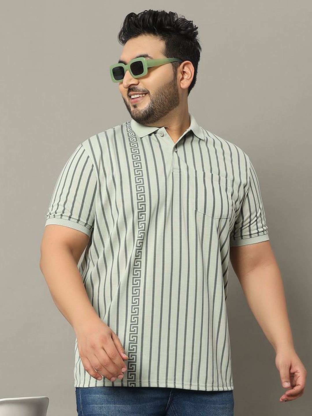 

OGEN Men Striped Polo Collar Plus Size T-shirt, Grey