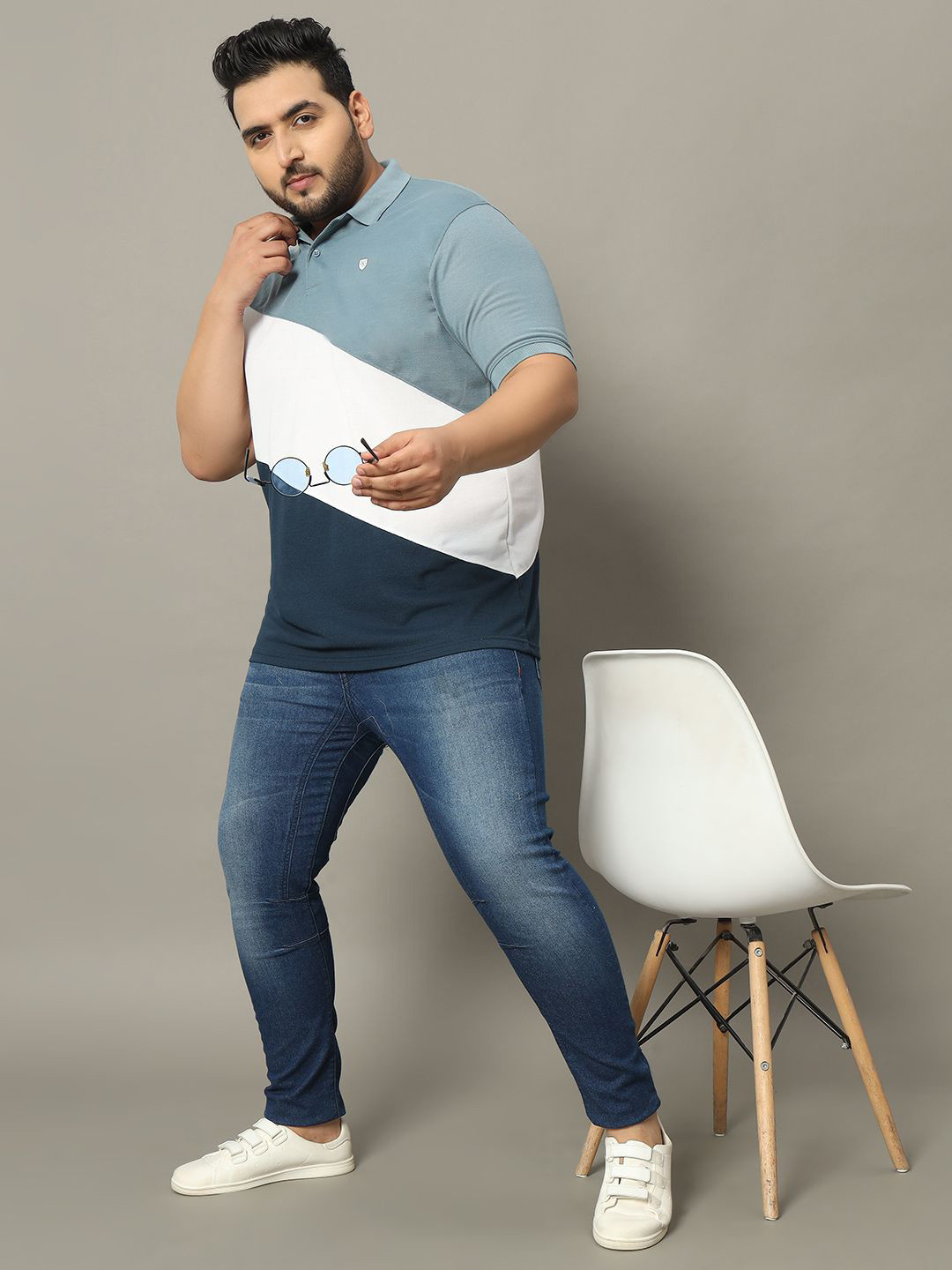 

OGEN Men Colourblocked Polo Collar Plus Size T-shirt, Blue