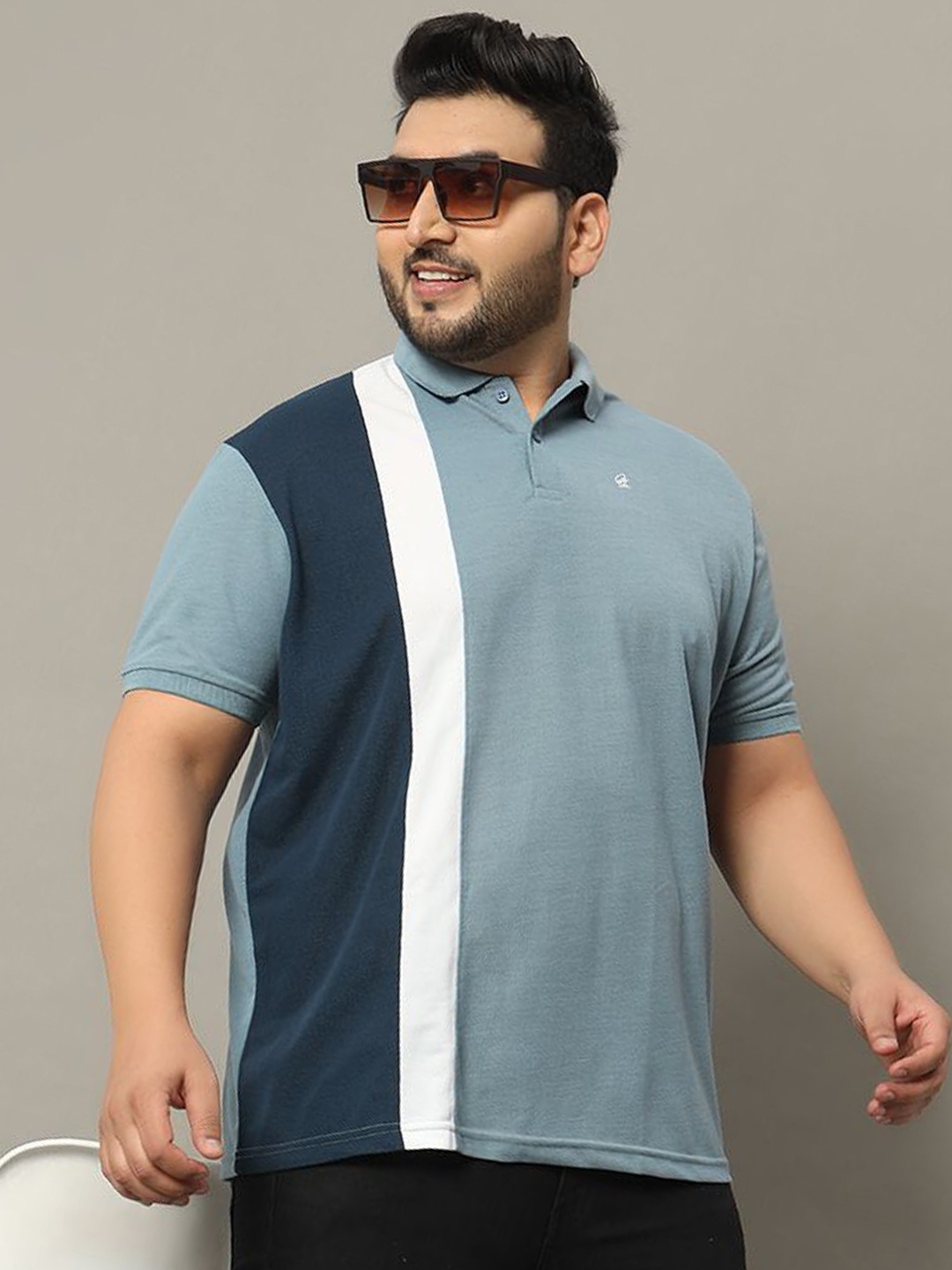 

OGEN Men Plus Size Colourblocked Polo Collar T-shirt, Blue