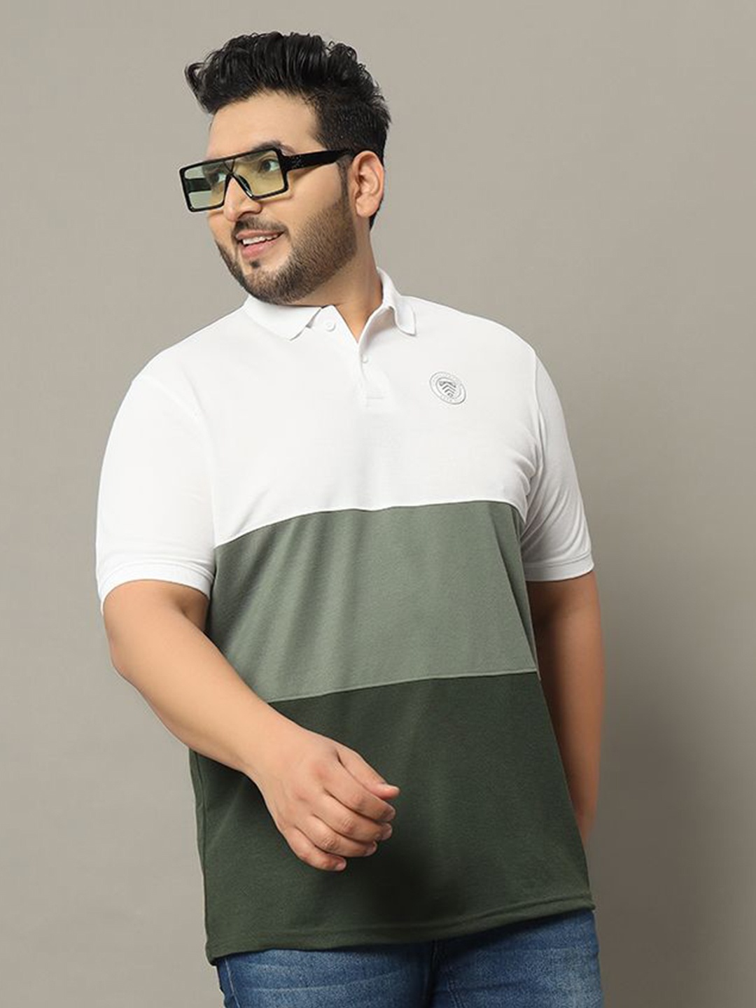 

OGEN Men Plus Size Colourblocked Polo Collar Cotton T-shirt, White