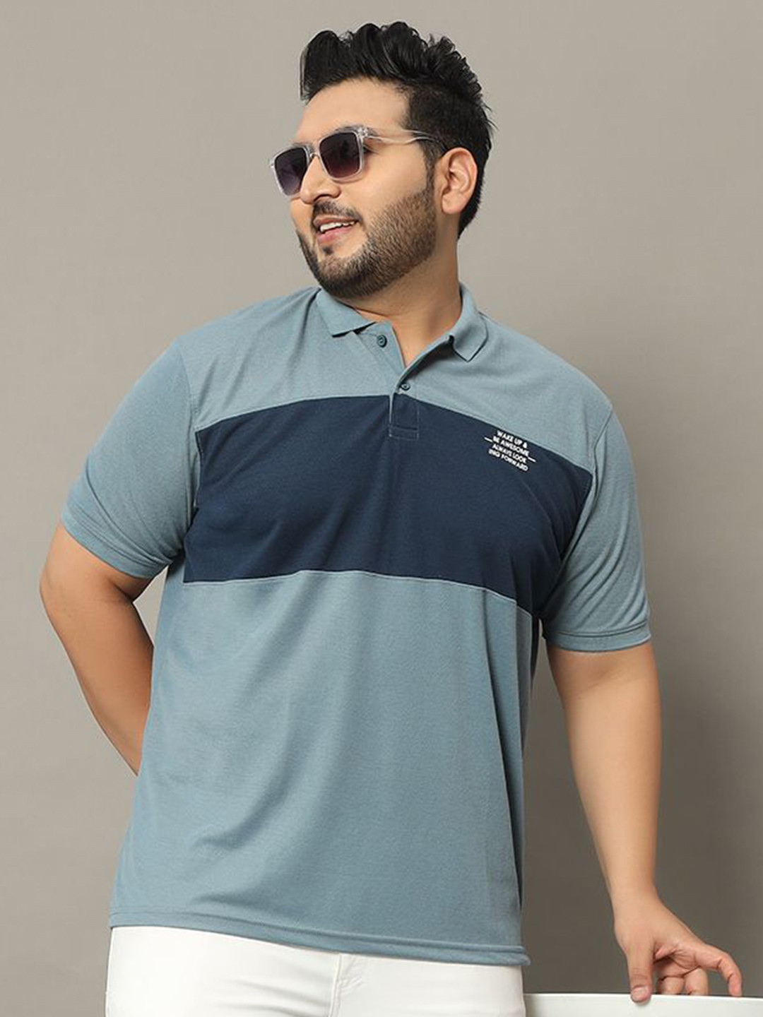 

OGEN Men Colourblocked Polo Collar Plus Size T-shirt, Blue