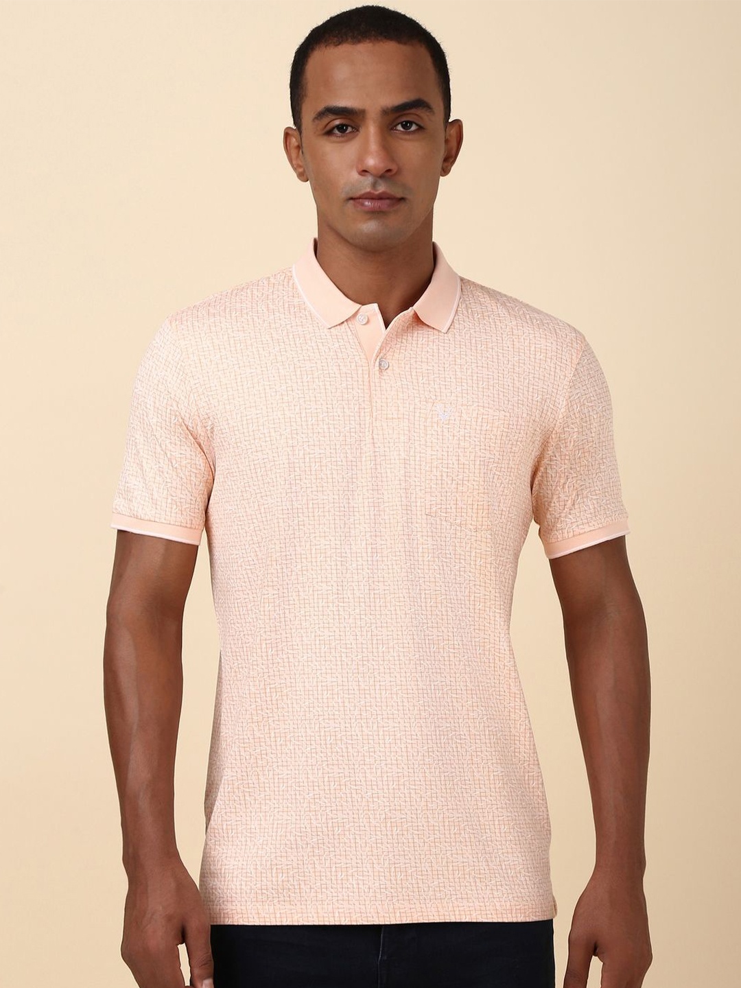 

Allen Solly Men Abstract Printed Polo Collar Cotton T-shirt, Peach