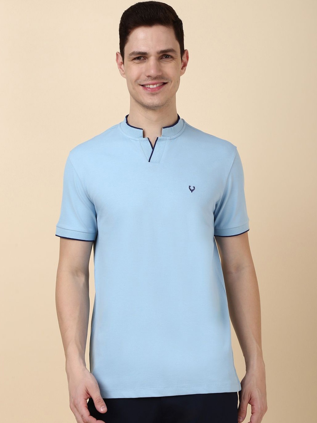 

Allen Solly Men Solid Mandarin Collar Cotton T-shirt, Blue