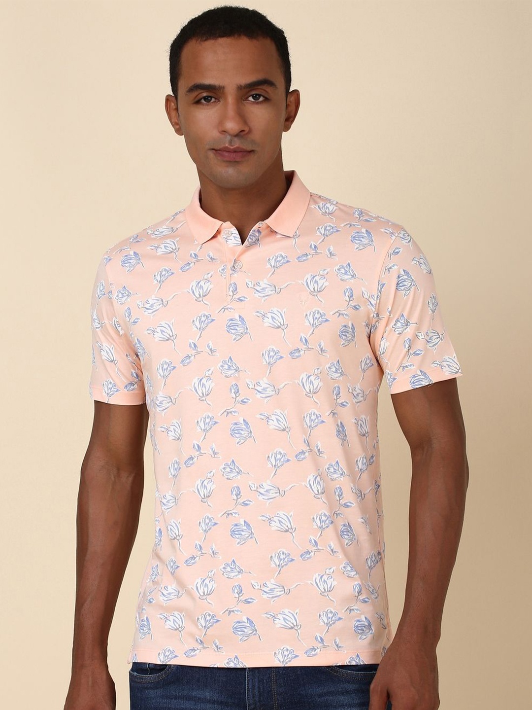 

Allen Solly Men Floral Printed Polo Collar Cotton T-shirt, Peach