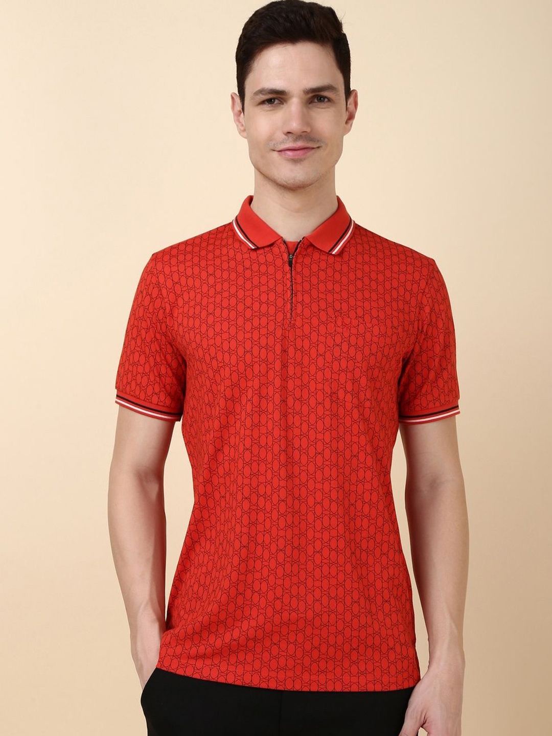 

Allen Solly Men Polo Collar Geometric Printed Pure Cotton T-shirt, Red