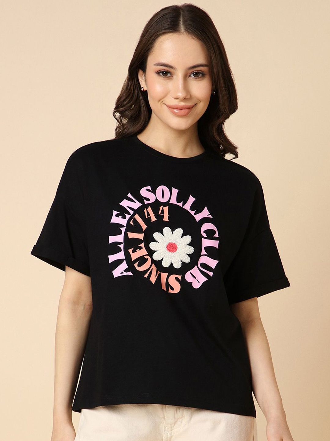 

Allen Solly Woman Typography Printed Round Neck T-shirt, Black