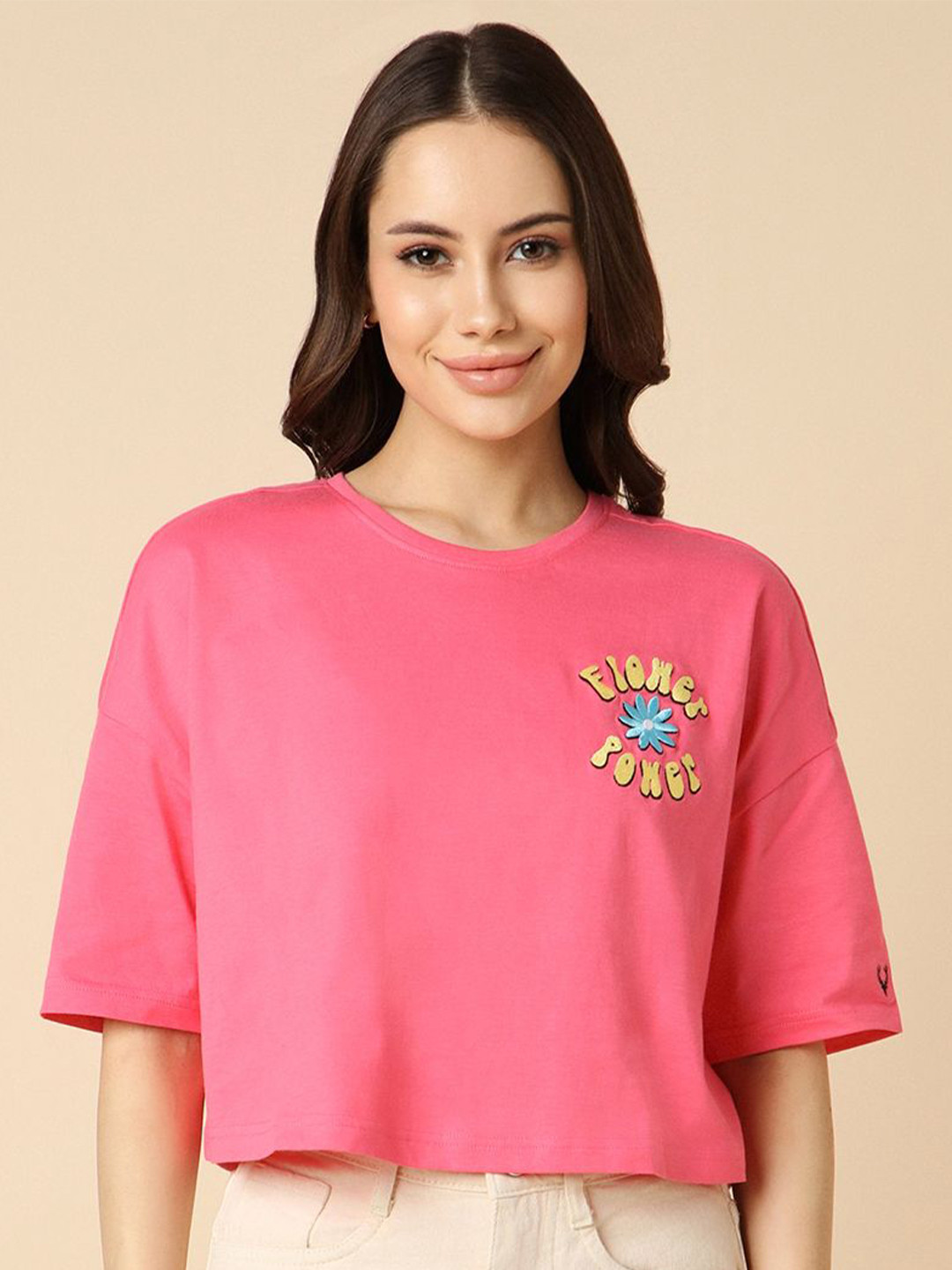 

Allen Solly Woman Typography Printed Round Neck T-shirt, Pink
