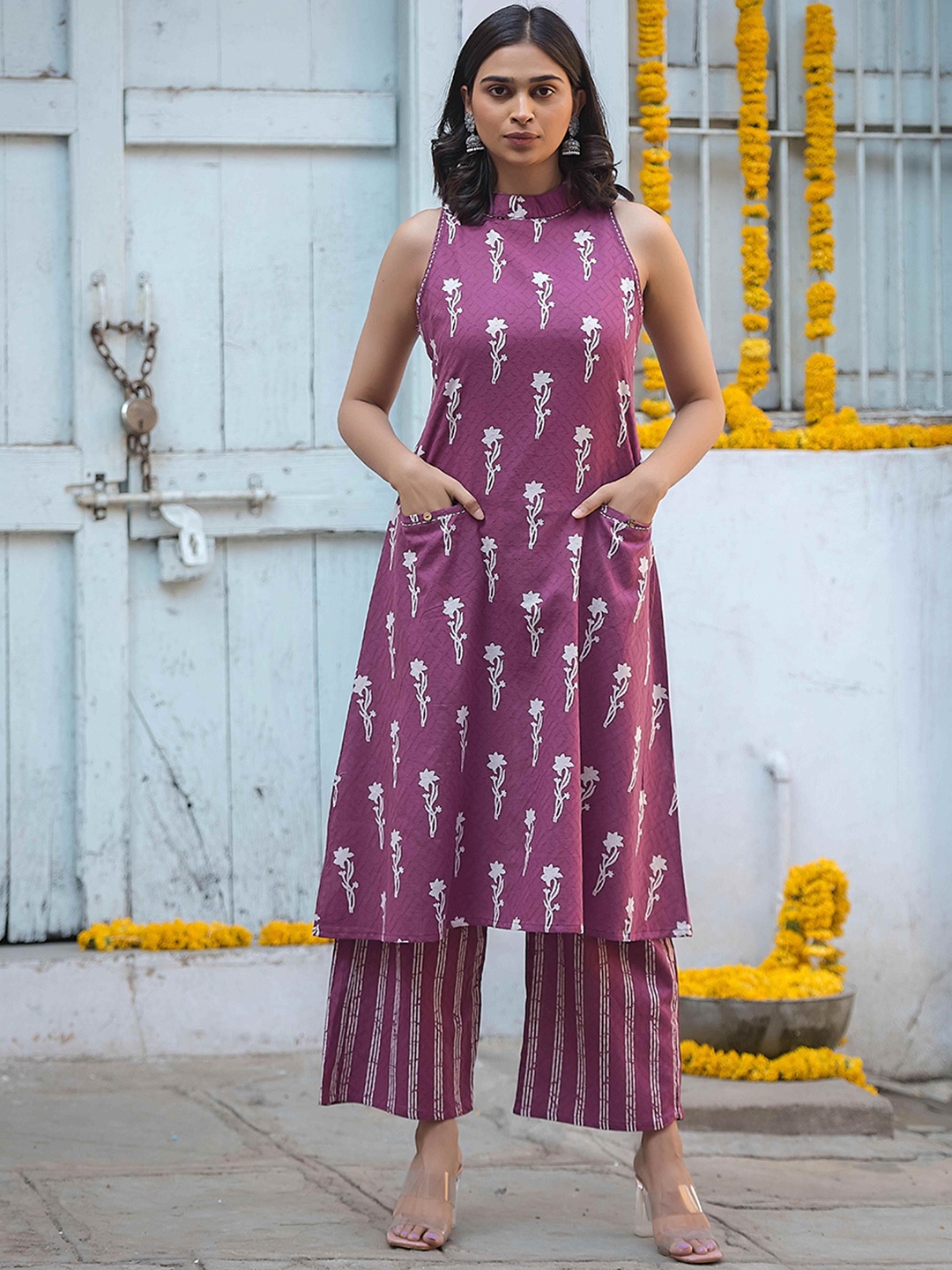 Indyes Floral Printed Halter Neck Kantha Work Pure Cotton A-Line Kurta with Trousers, Mauve