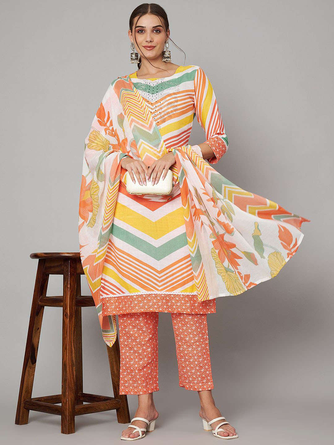 

Label Khoj Chevron Printed Regular Beads & Stones Straight Kurta With Trousers & Dupatta, Orange
