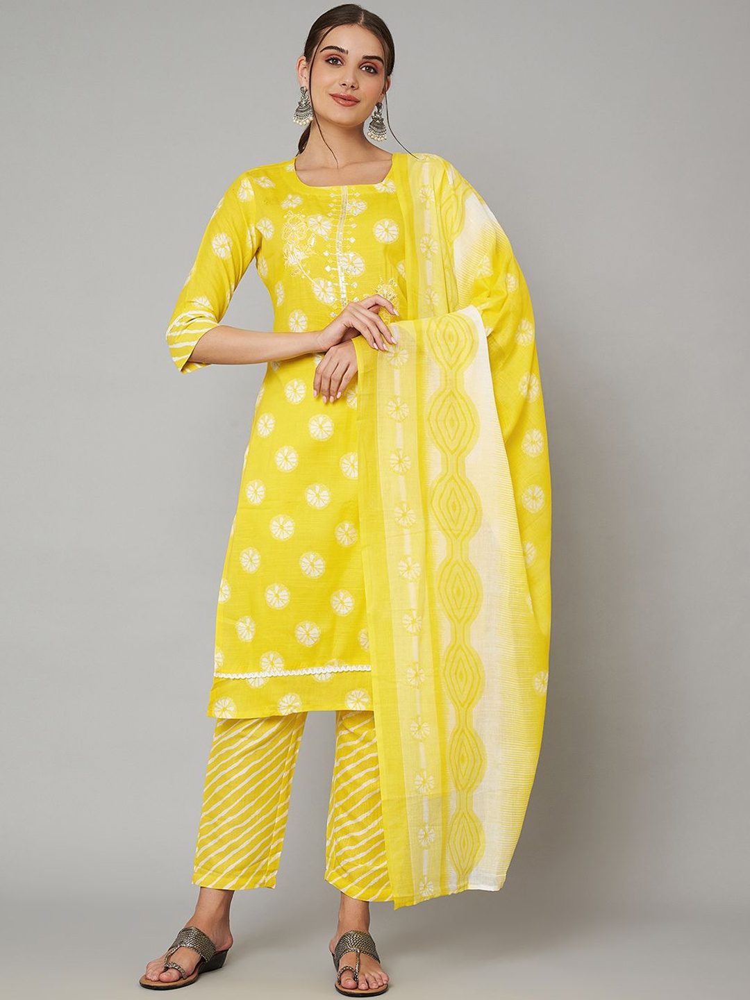 

Label Khoj Floral Printed Sequinned Straight Kurta With Trousers & Dupatta, Yellow