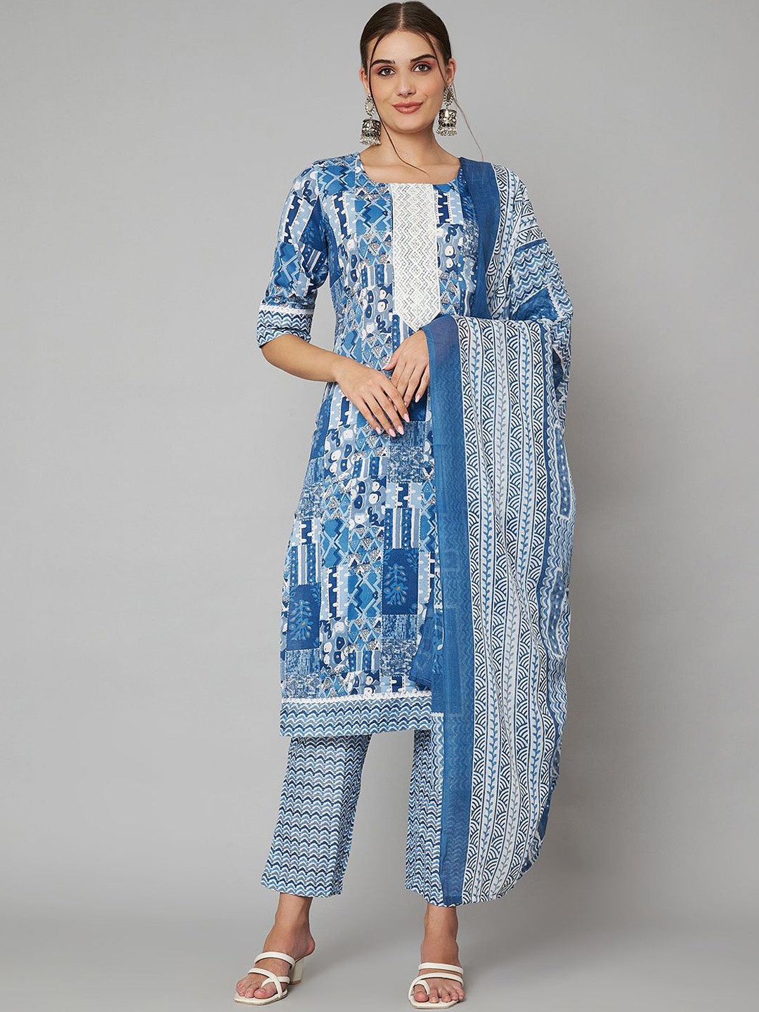 

Label Khoj Abstract Printed Thread Work Straight Kurta With Trousers & Dupatta, Blue
