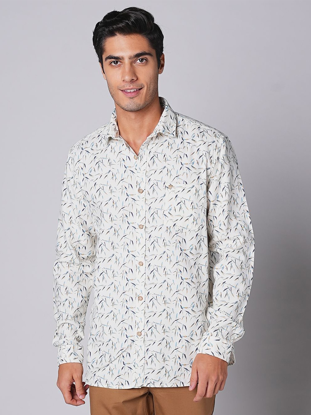 

Oxemberg Men Slim Fit Tropical Printed Casual Shirt, Beige