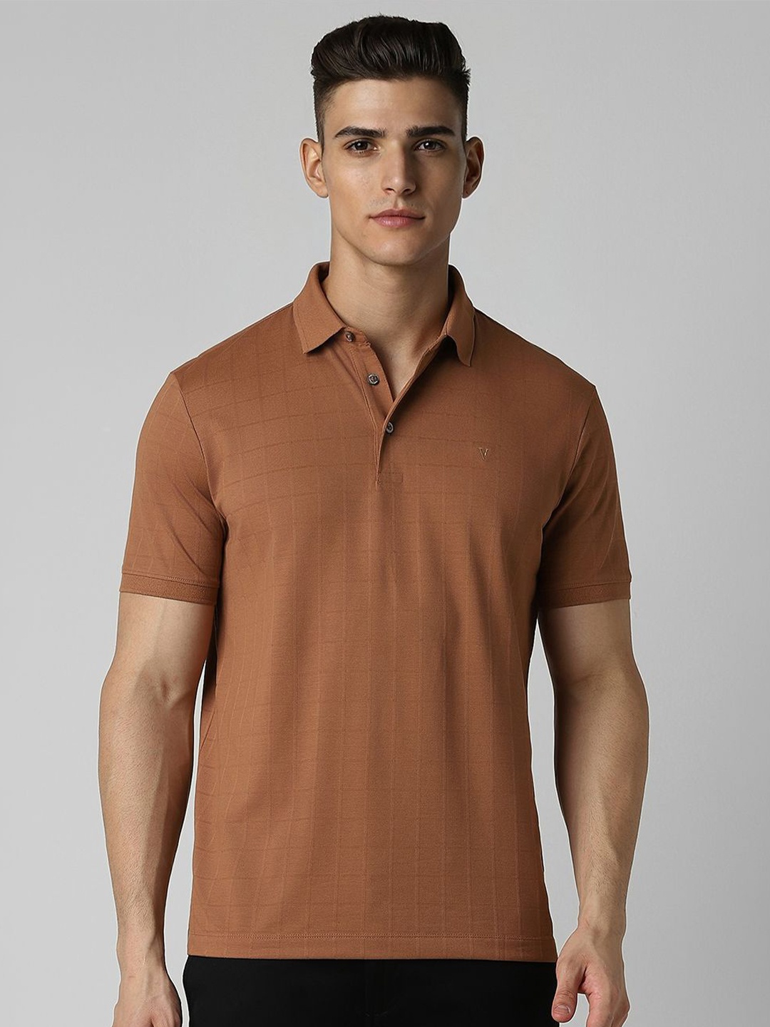 

Van Heusen Men Self Design Polo Collar Checked T-shirt, Brown