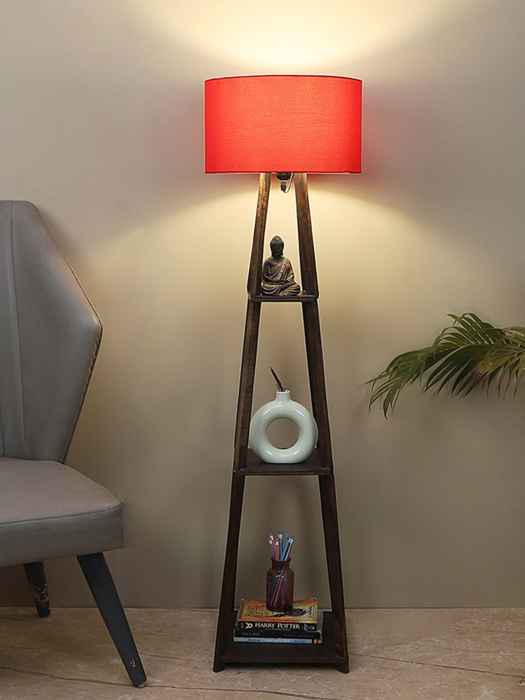 

TU CASA Red & Brown Wooden Cylindrical Shaped Floor Lamps