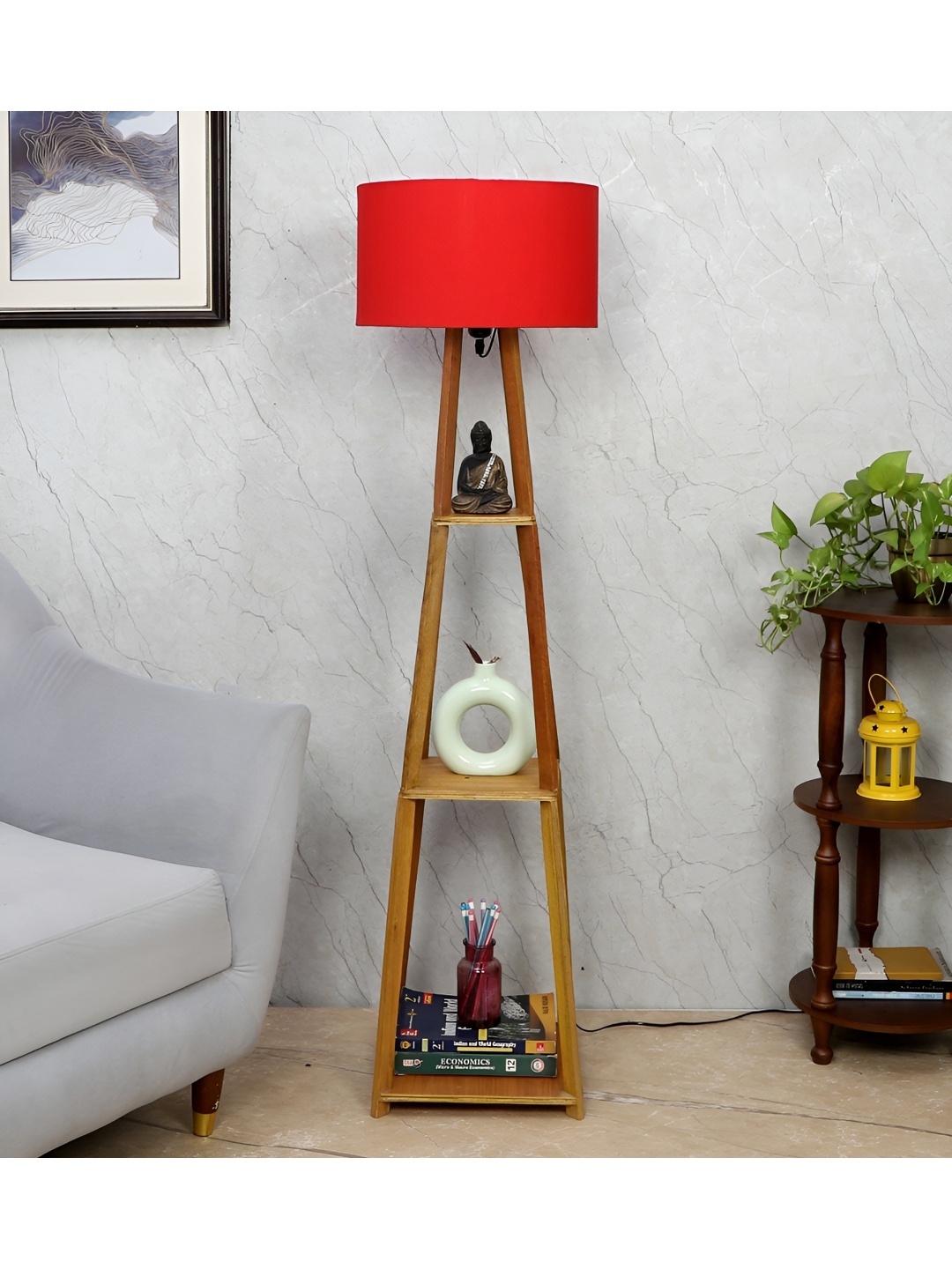 

TU CASA Red & Brown Wooden Cylindrical Shaped Floor Lamp