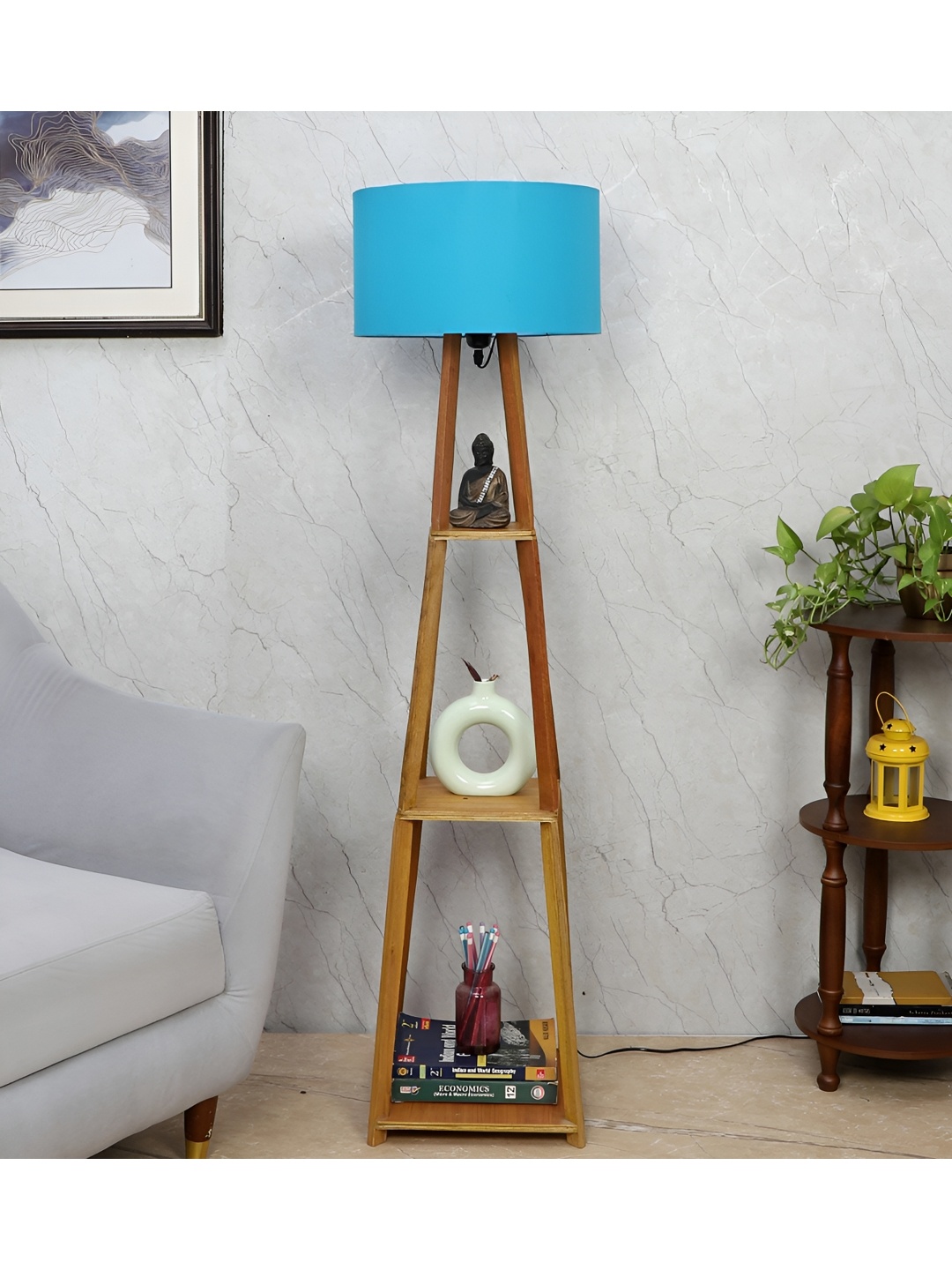 

TU CASA Brown & Blue Wooden Cylindrical Shaped Floor Lamp