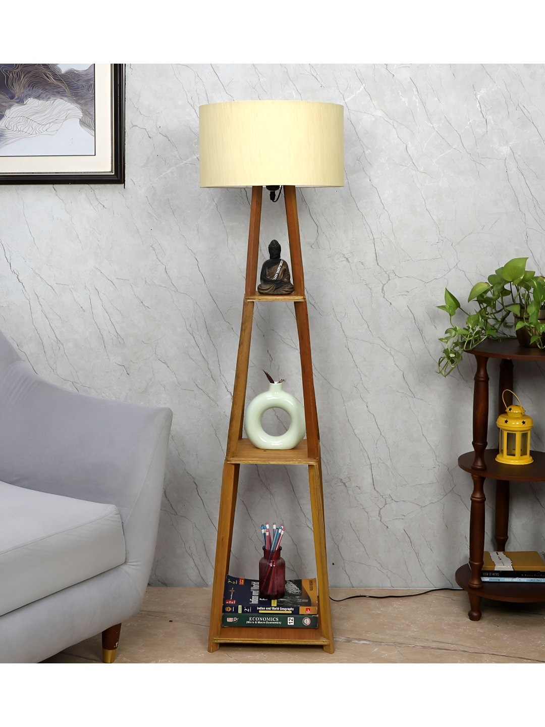 

TU CASA White & Brown Wooden Cylindrical Shaped Floor Lamp