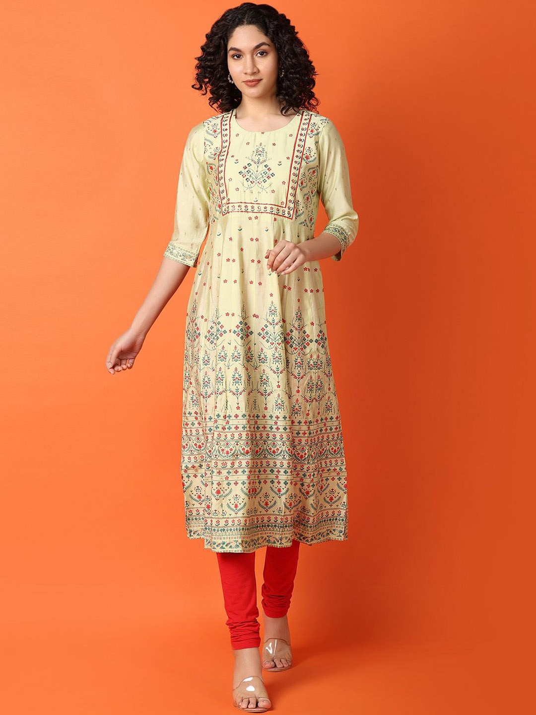 

V-Mart Women Floral Printed Flared Sleeves Mirror Work Kurta, Green