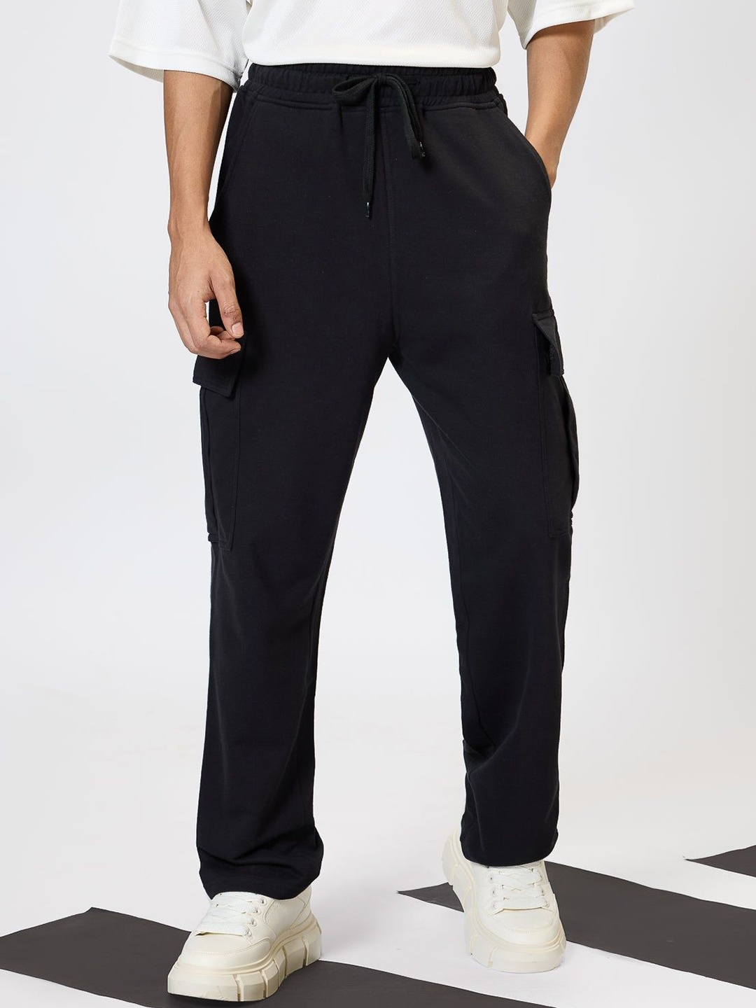 

FREAKINS Men Cotton Straight Fit High-Rise Cargos Trousers, Black