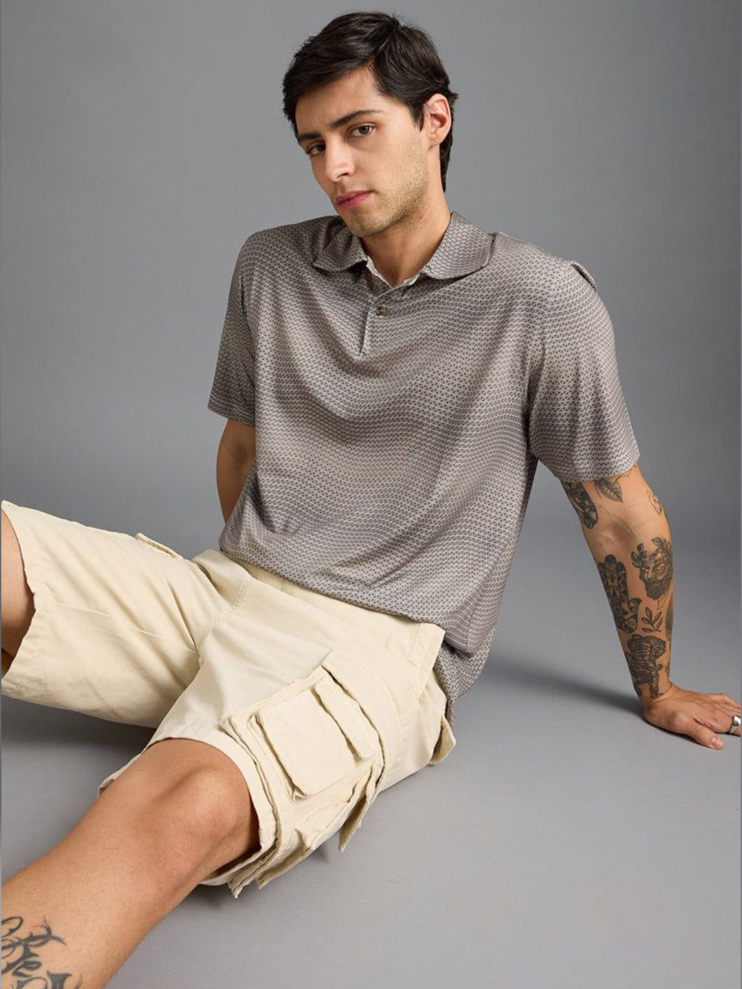 

FREAKINS Men Geometric Printed Polo Collar T-shirt, Grey