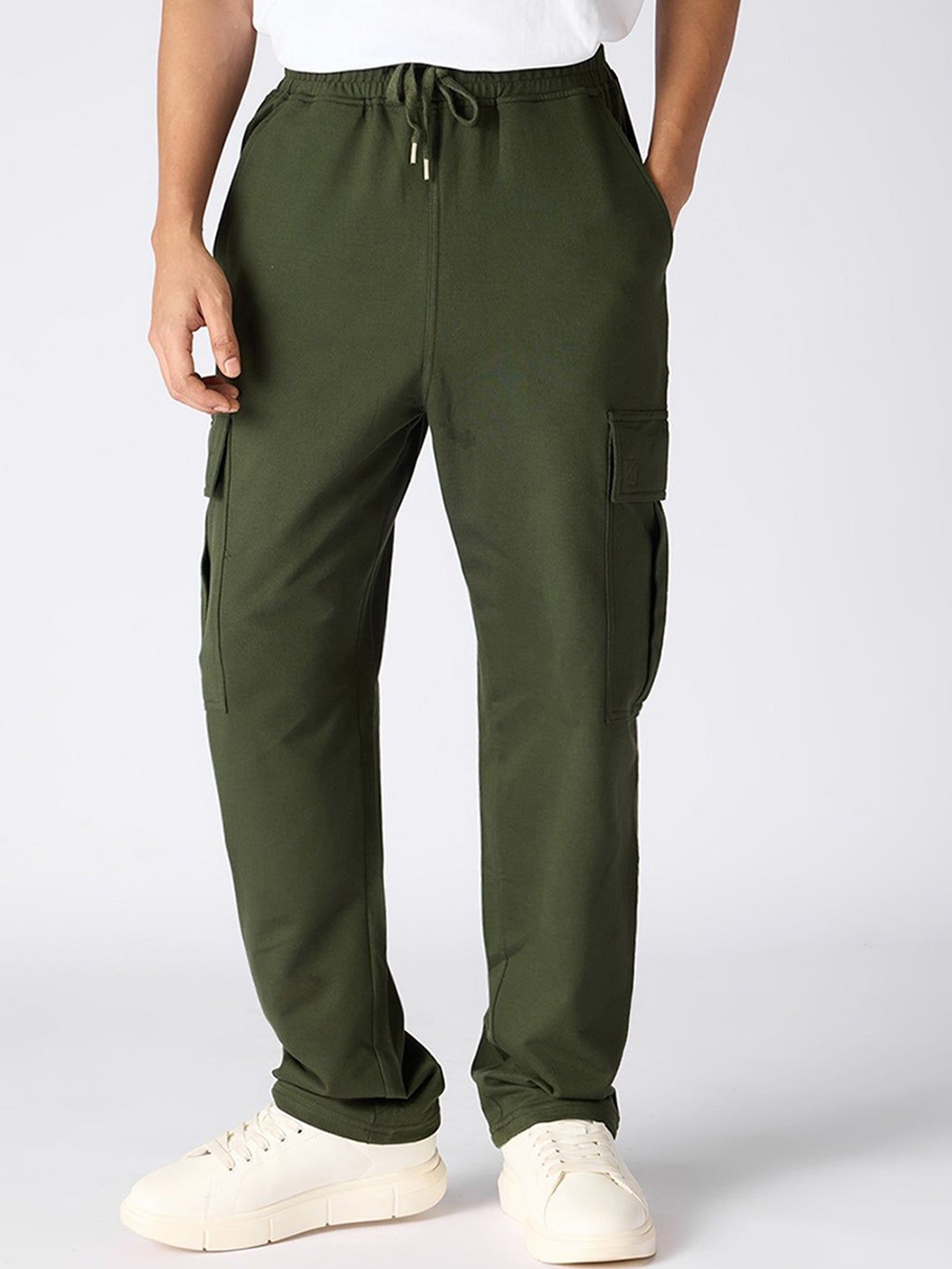 

FREAKINS Men Straight Fit High-Rise Cargos Trousers, Green