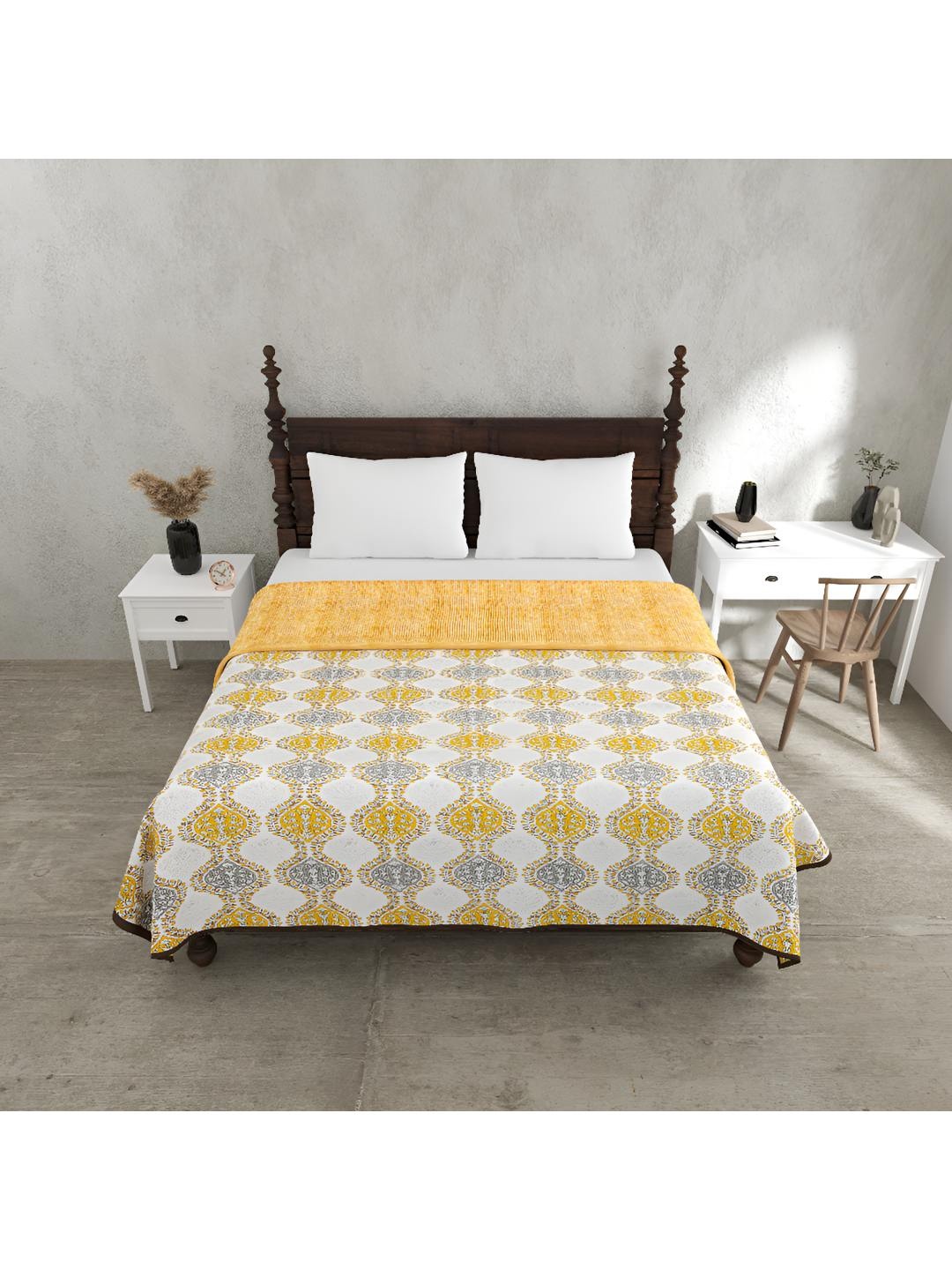 

BED-SHEET.COM Yellow & Grey Floral Pure Cotton 150 GSM Double Bed Dohar & 2 Pillow Covers