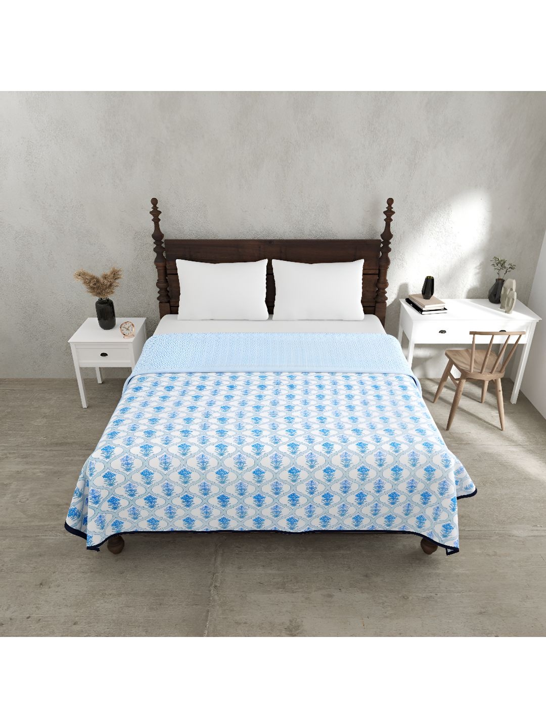 

BED-SHEET.COM Blue Ethnic Motifs Pure Cotton 150 GSM Double Bed Dohar & 2 Pillow Covers