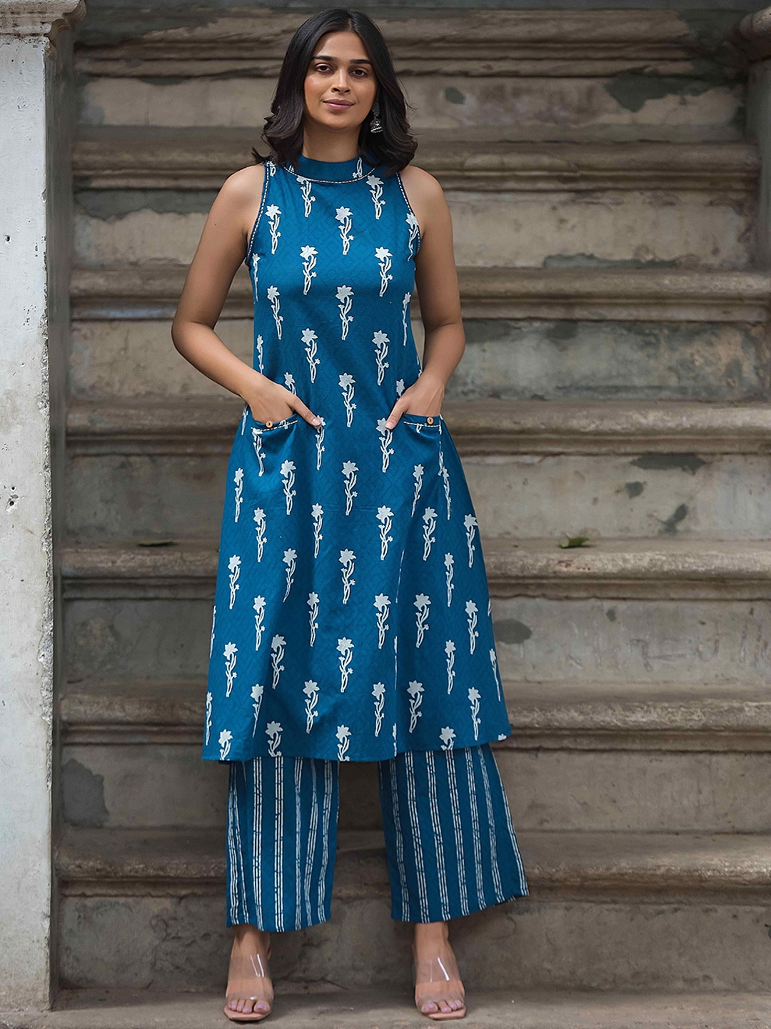 

KALINI Floral Printed Pleated Kantha Work Pure Cotton Kurta & Palazzos, Navy blue