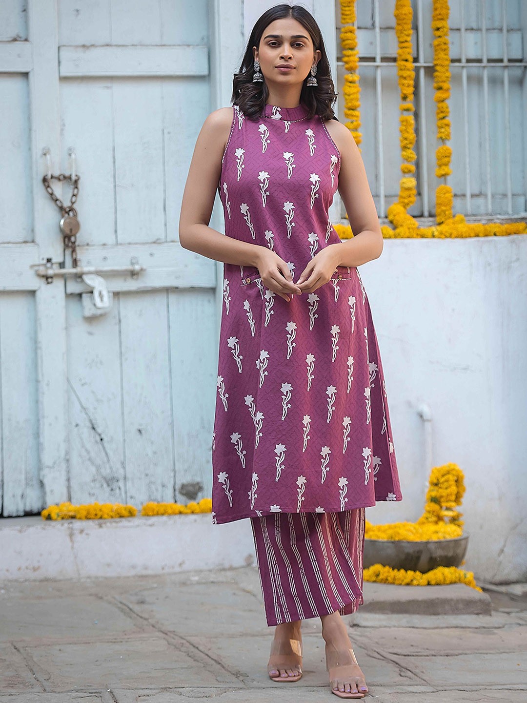 

KALINI Floral Printed Kantha Work Pleated Pure Cotton Handloom A-Line Kurta With Palazzo, Mauve