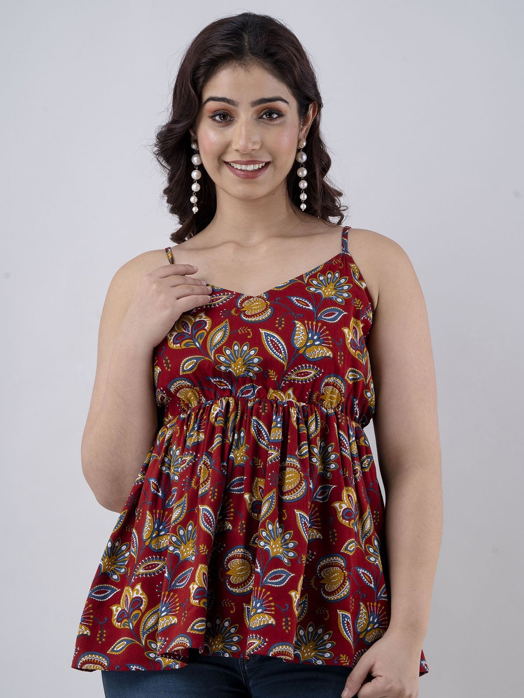 

SHOOLIN Floral Printed Shoulder Straps Empire Top, Maroon