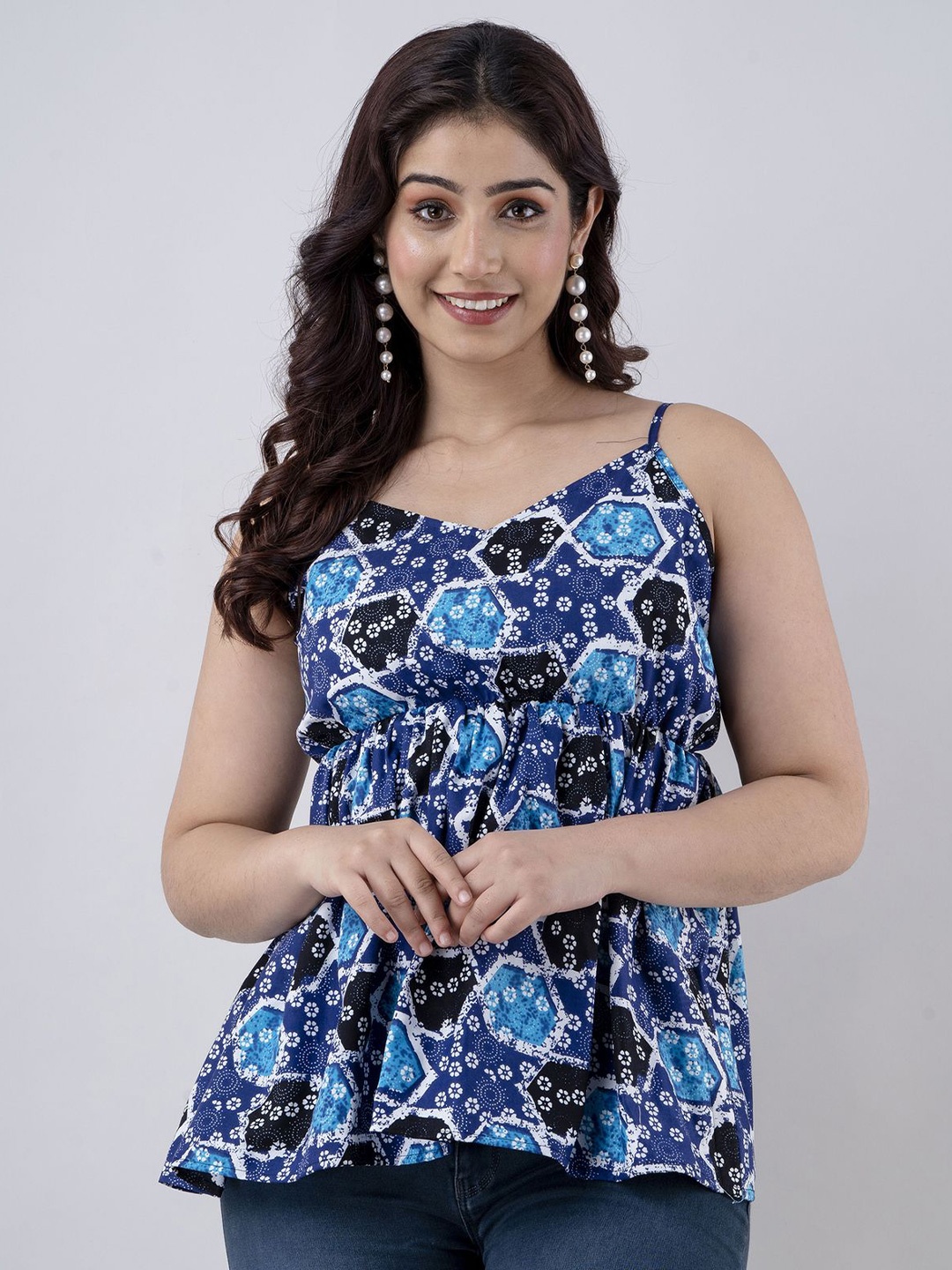 

SHOOLIN Floral Printed Shoulder Straps Empire Top, Blue