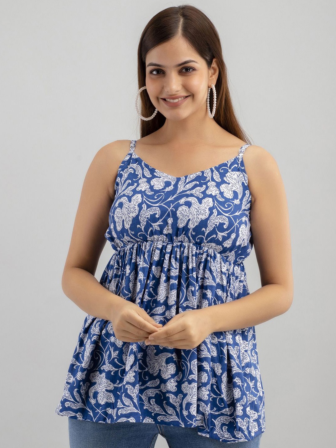 

SHOOLIN Floral Printed Shoulder Straps Empire Top, Blue