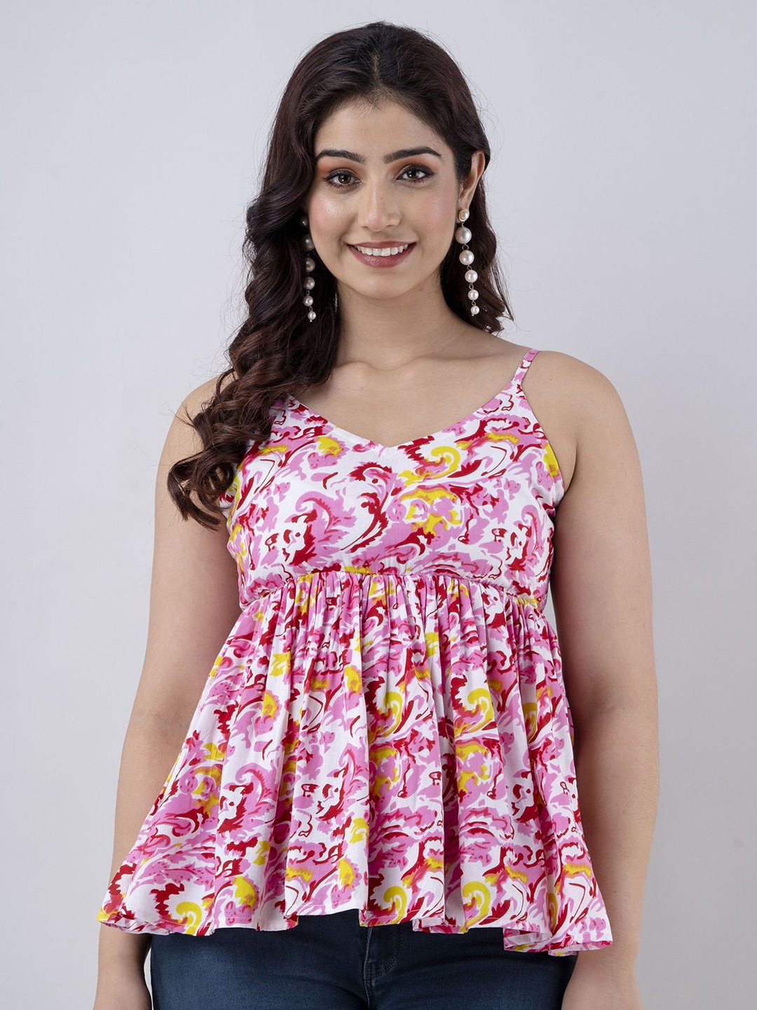 

SHOOLIN Abstract Printed Shoulder Straps Empire Top, Pink