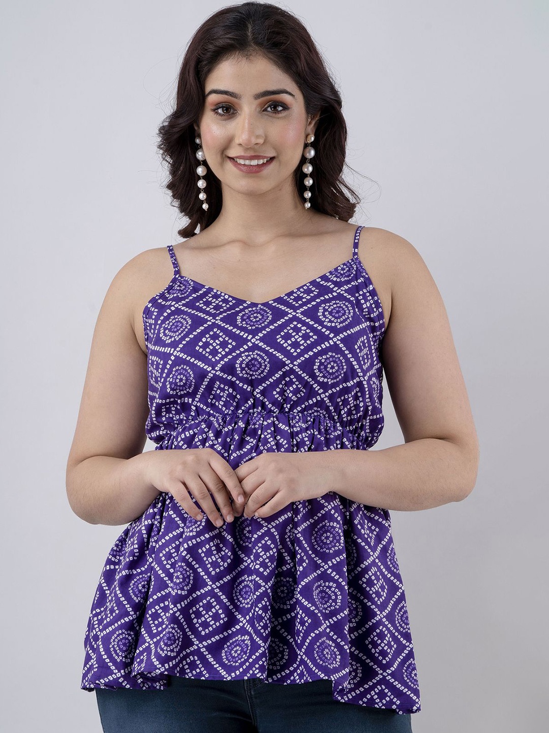 

SHOOLIN Ethnic Printed Shoulder Straps Empire Top, Purple