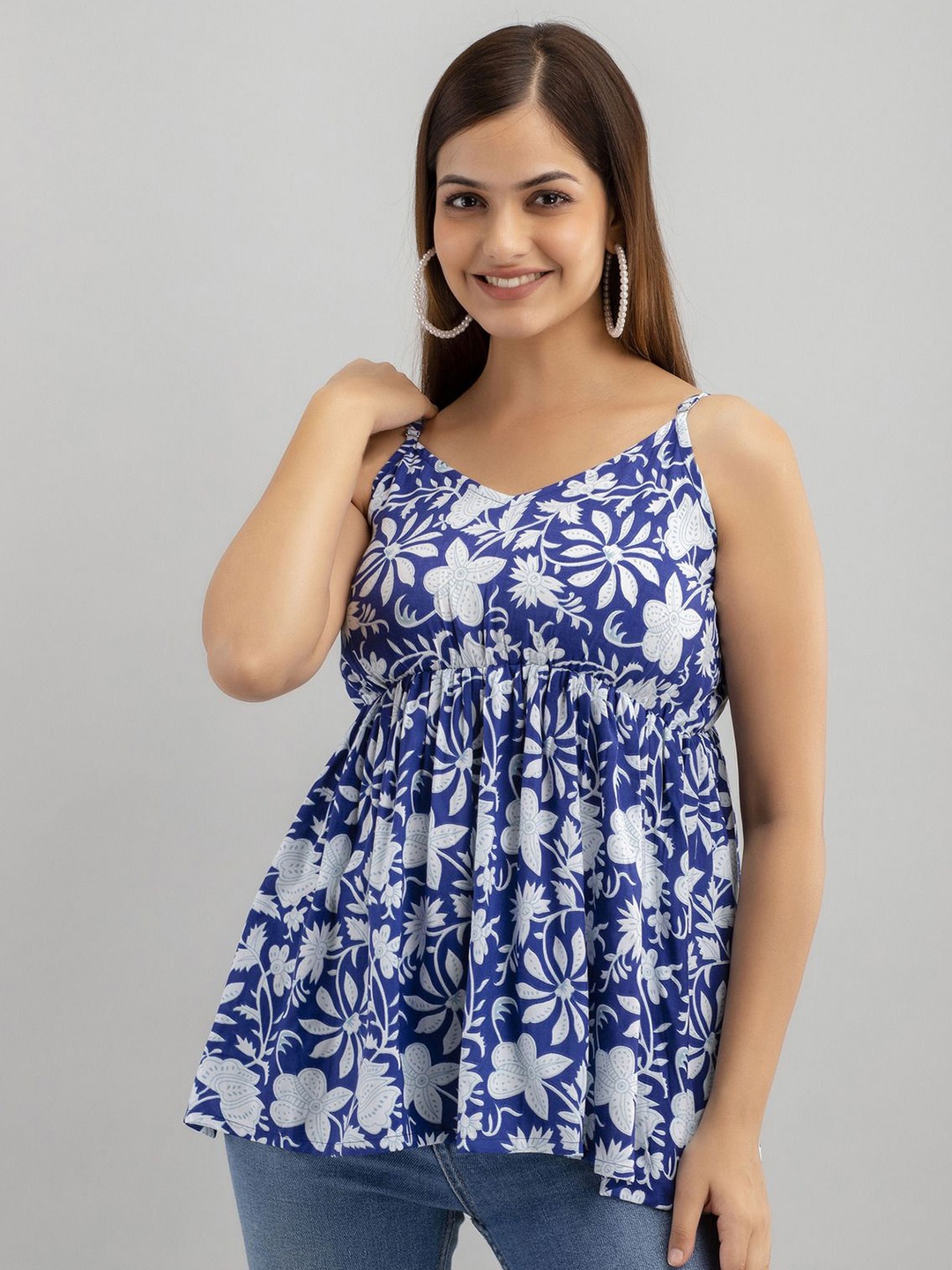 

SHOOLIN Floral Printed Shoulder Straps Empire Top, Blue
