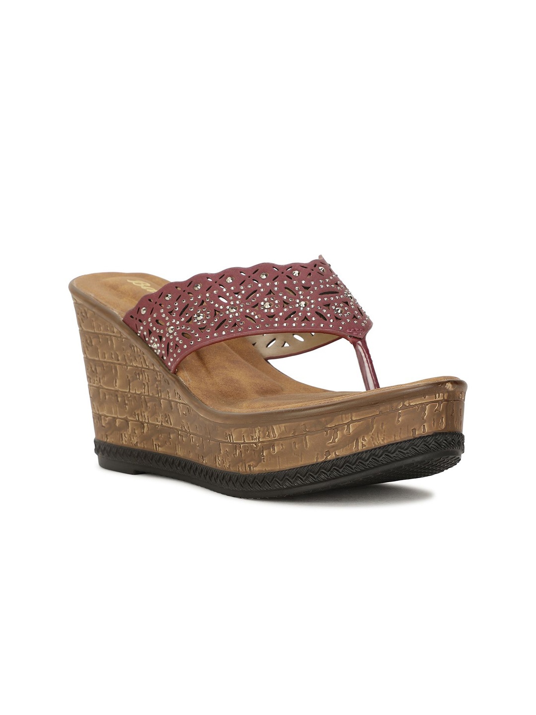 

Bata Embellished Open Toe Leather Wedge Heels, Maroon