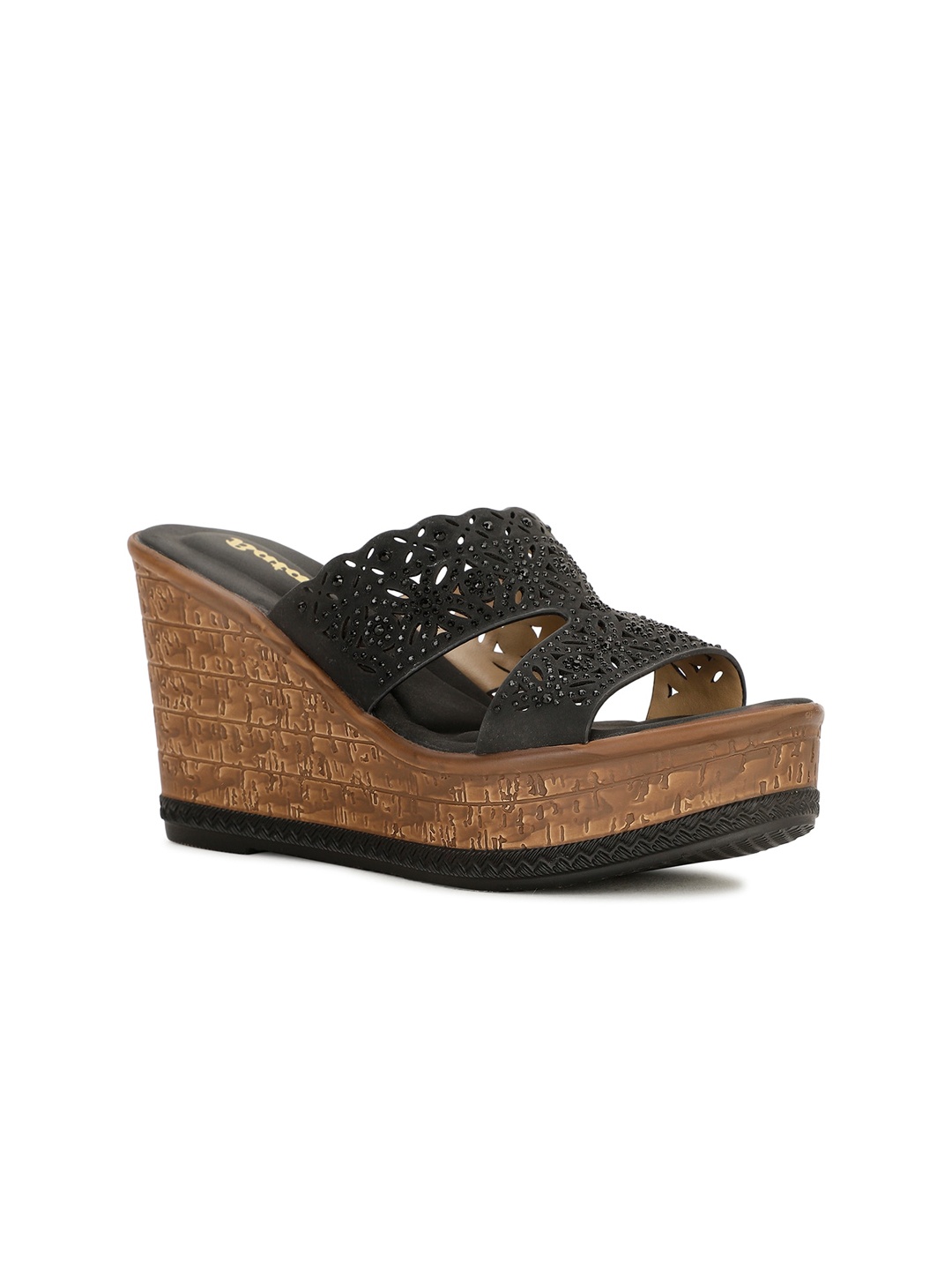 

Bata Embellished Open Toe Leather Wedge Heels, Black